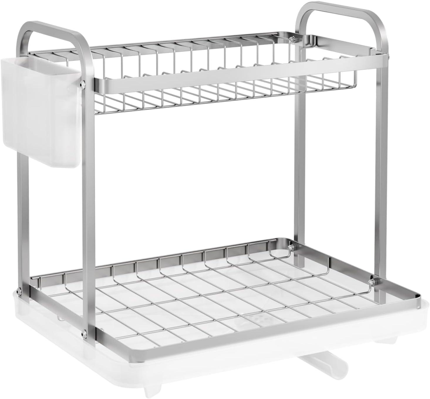 Dish Drying Rack - Stainless Steel Dish Rack for Kitchen Counter, 2-Tier Kitchen Organizers and Storage Rack with Drainboard and Cutlery Holder, Larege, White