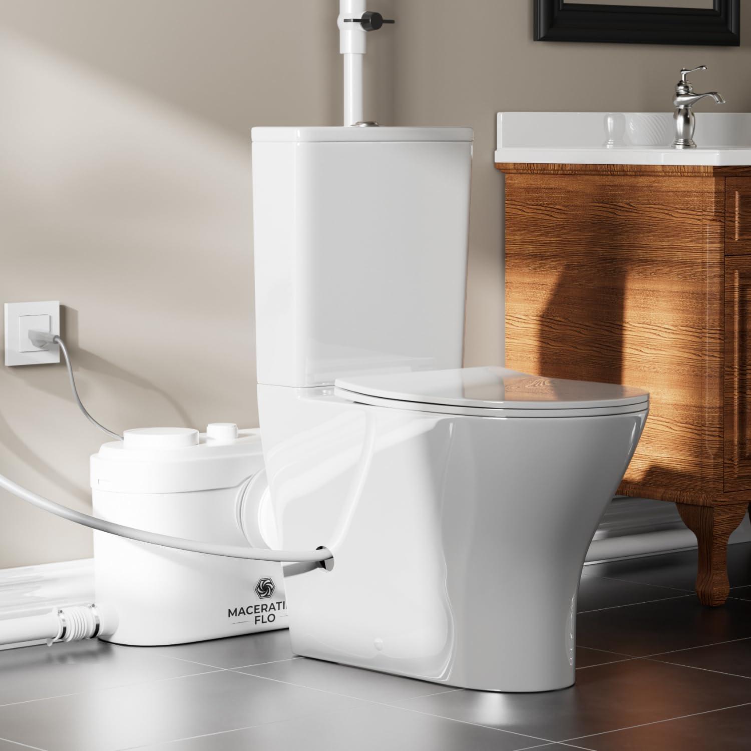 MaceratingFlo ARES 750W Upflush Toilet System, Elongated Bowl & 18" Comfort Height, 4-Inlet Ideal for Basements, Quiet & Efficient Macerator Pump Up to 36 Feet, Easy Installation
