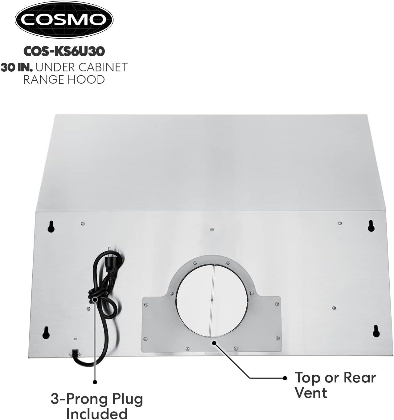 Cosmo 30" Stainless Steel 500 CFM Ducted (Vented) Under Cabinet Range Hood with Baffle Filter