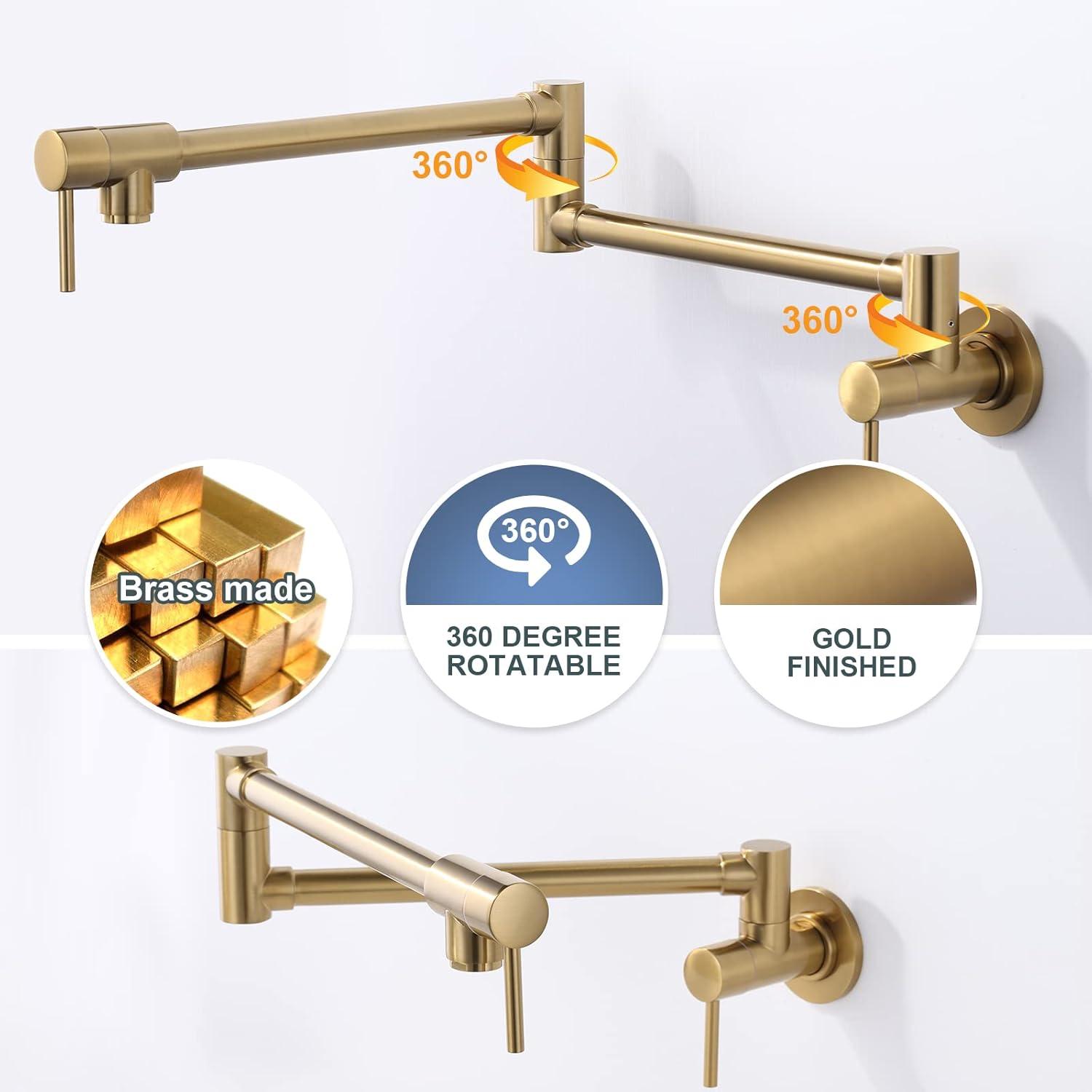 Brushed Gold Wall Mount Double Handle Pot Filler Faucet