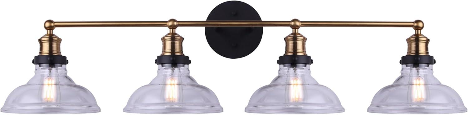 LORA Modern Farmhouse Vanity Light – 4-Light Industrial Bathroom Fixture, Matte Black & Gold Finish, Clear Glass Shades, 100W Type A, 38.5" Wide Over Mirror Wall Sconce