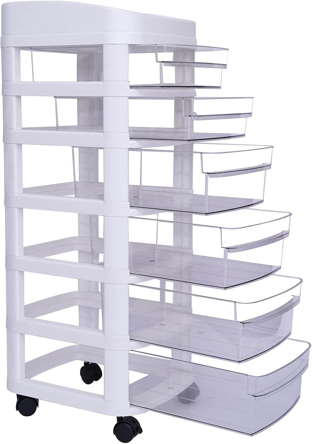 White 6-Tier Plastic Rolling Storage Cart with Clear Drawers