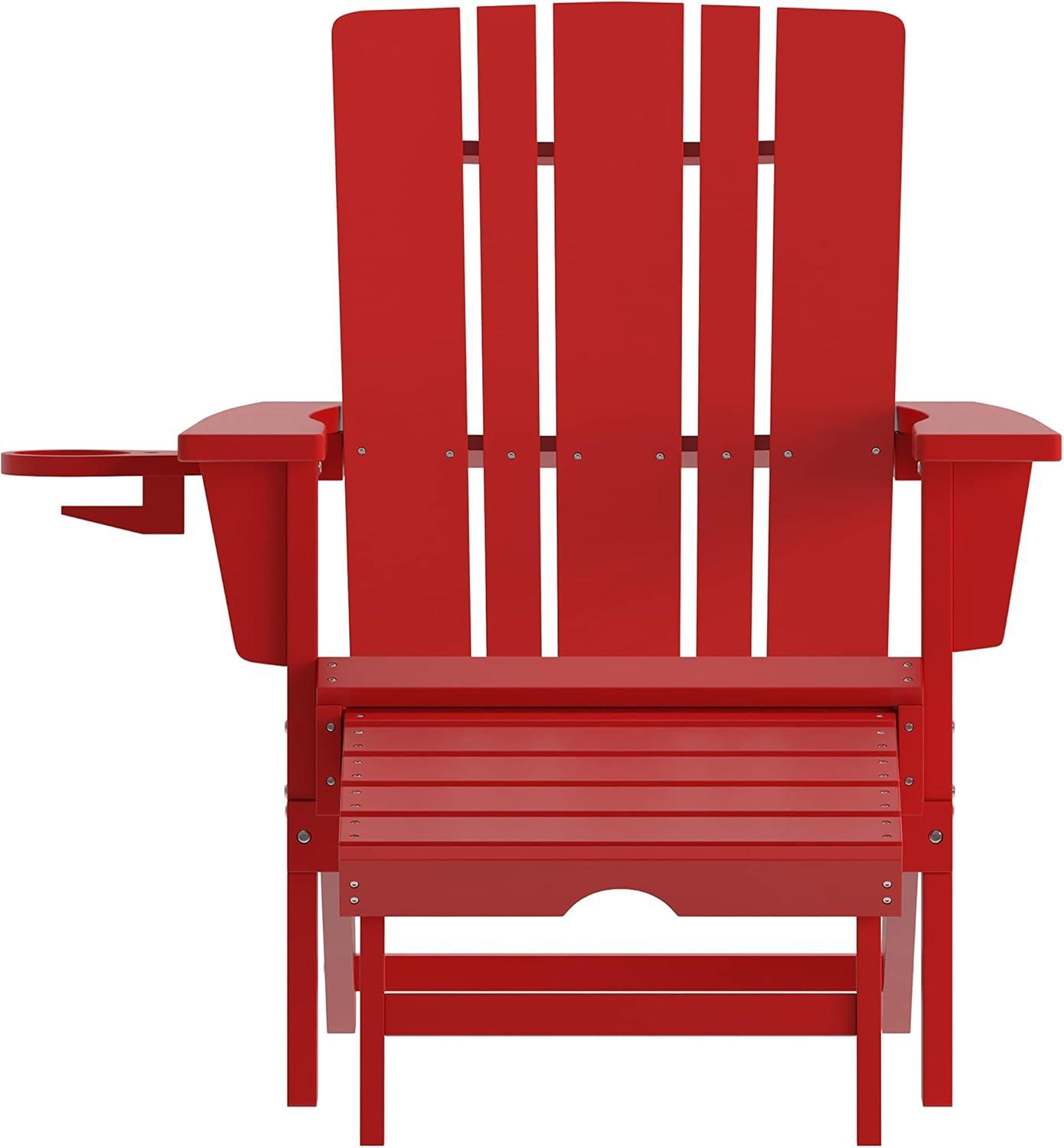 Flash Furniture Halifax HDPE Adirondack Chair with Cup Holder and Pull Out Ottoman, All-Weather HDPE Indoor/Outdoor Lounge Chair in Red