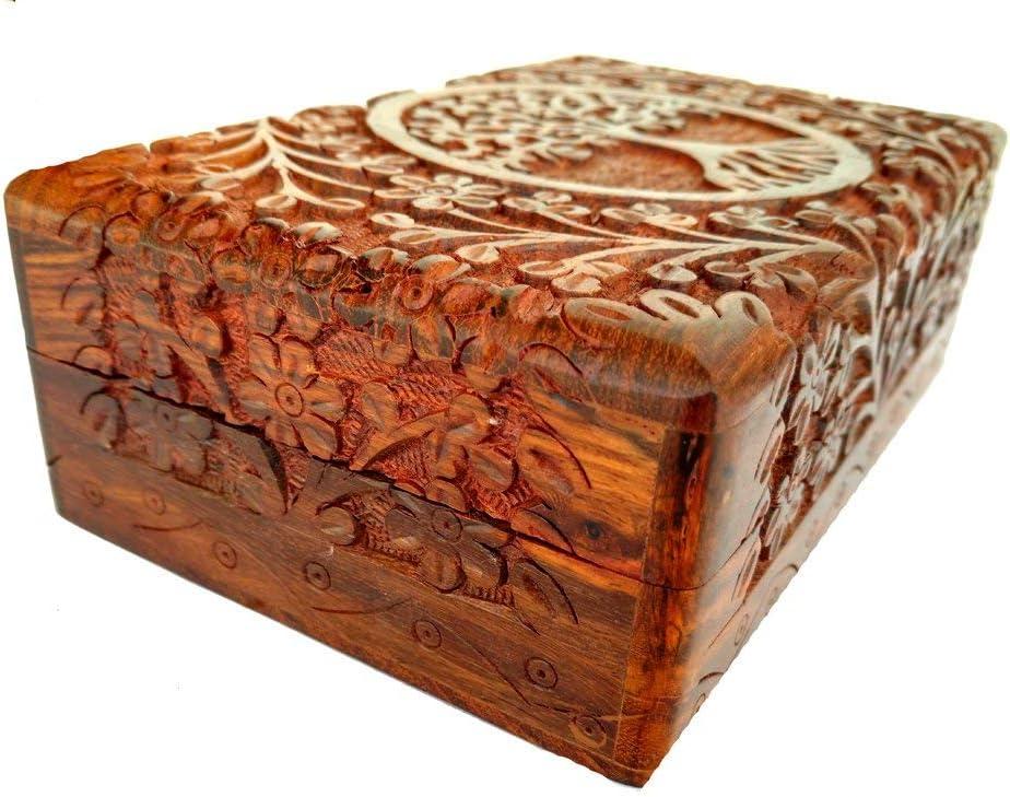 Ajuny Handcarved Wooden Decorative Treasure Chest Box Tree of Life Design - Multipurpose Use As Jewelry Storage, Watch Box, Great for Gifts - Brown, 8X5 Inch