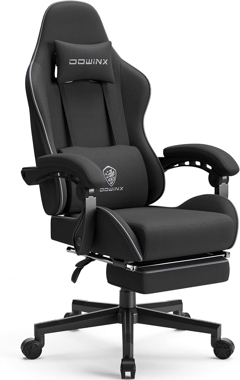 Dowinx Fabric Gaming Chair with Pocket Spring Cushion, Ergonomic Computer Chair with Footrest, Cloth Gamer Chair with Massage Lumbar Support and Headrest, Black