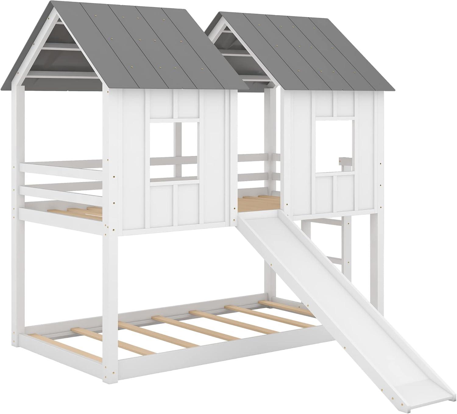 MERITLINE House Bunk Bed with Slide Twin Over Twin, Kids House Bunk Beds with Roof and Windows, Playhouse Bed for Kids, Girls, Boys, No Spring Box Needed, White