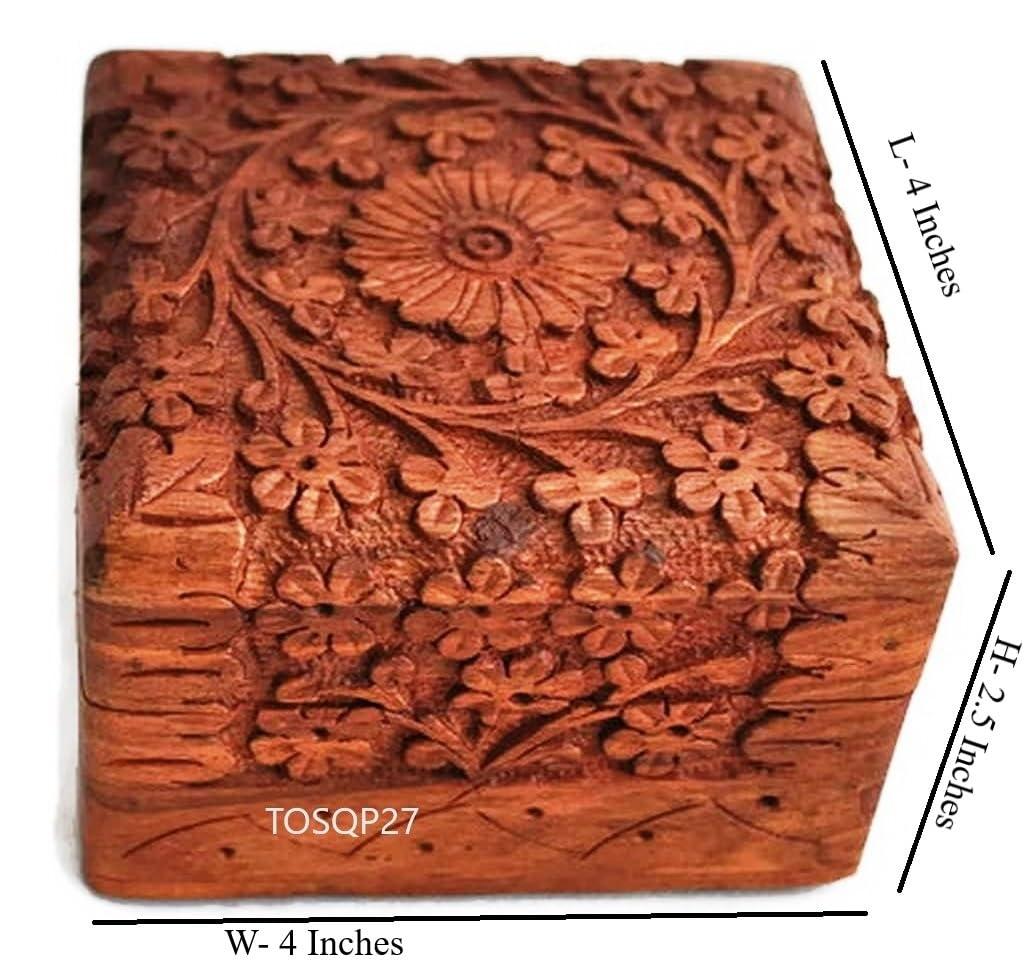 TOSQP27 Jewelry Box Gift for Women Men Girls Mom Mother Sister Father Gifts Novelty Unique Artisan Travel Portable Case Hand Carved Rosewood Jewel Organizer
