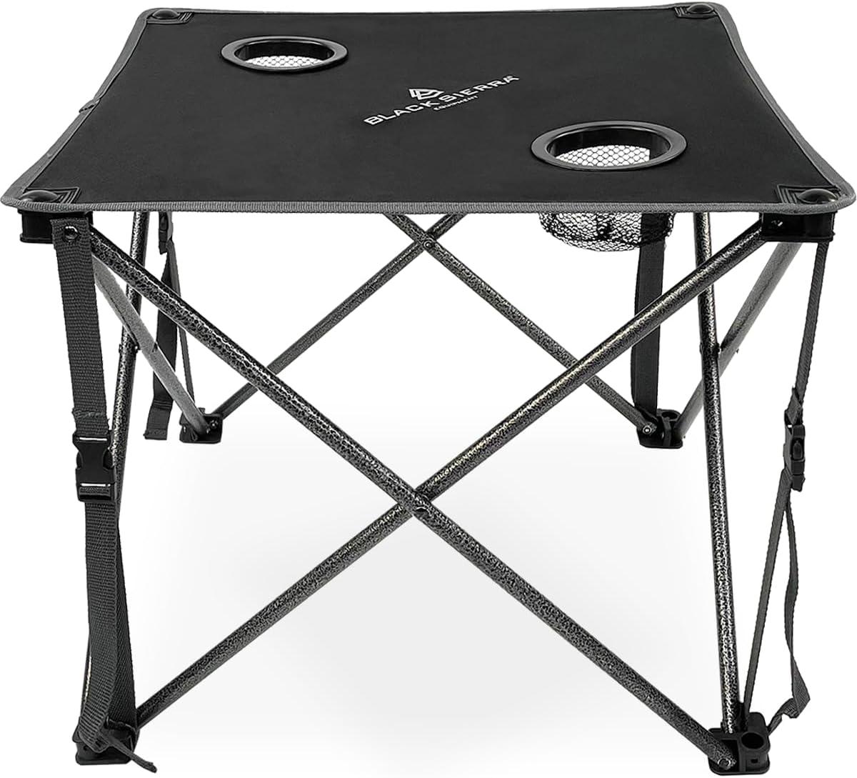 Black Sierra Foldable Camping Table w/ 2 Cup-Holders and Carry Bag, Heavy Duty Frame Supports 45lbs, Perfect for Tailgating, Compact for Storage & Transportation, Portable Outdoor Folding Table