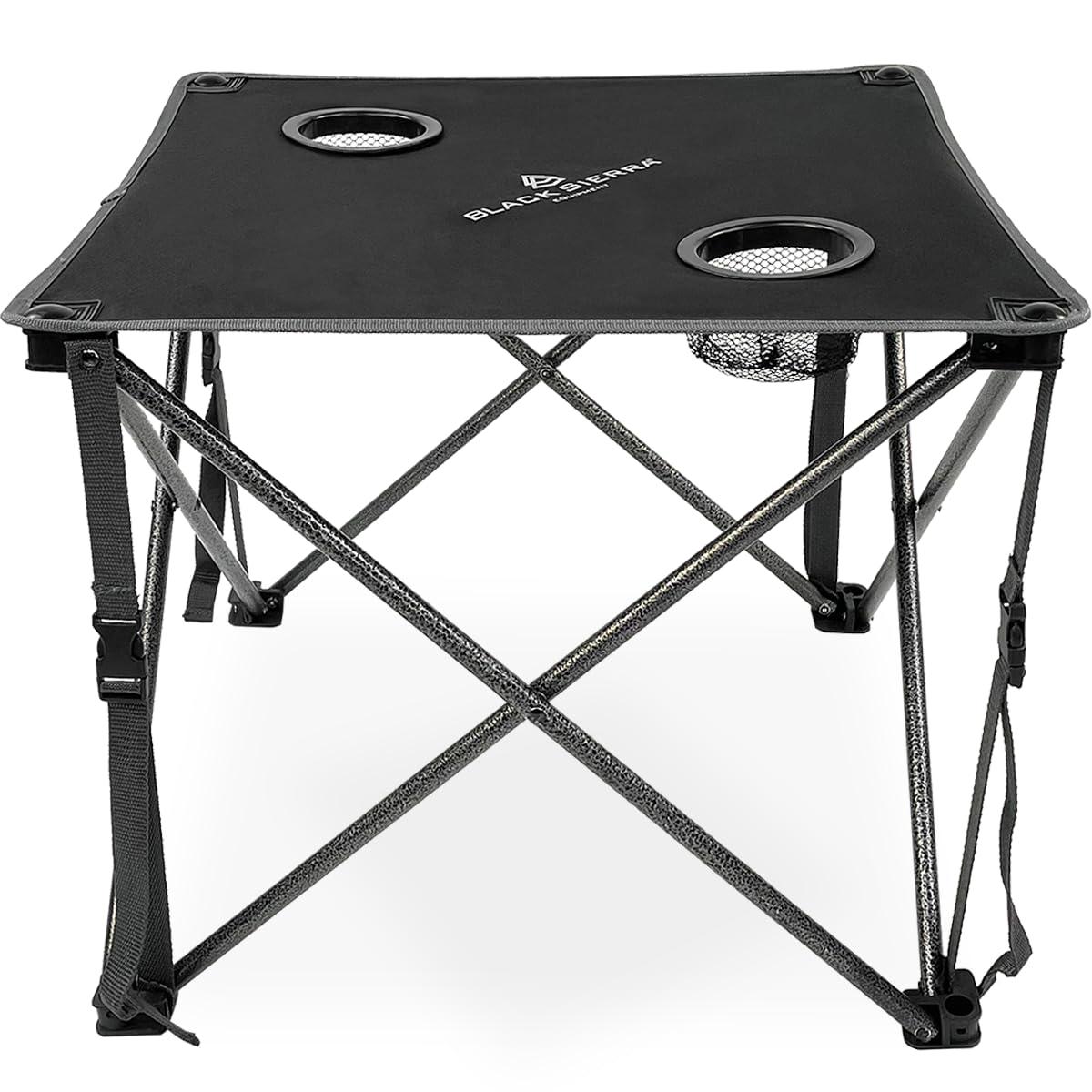 Black Sierra Foldable Camping Table w/ 2 Cup-Holders and Carry Bag, Heavy Duty Frame Supports 45lbs, Perfect for Tailgating, Compact for Storage & Transportation, Portable Outdoor Folding Table