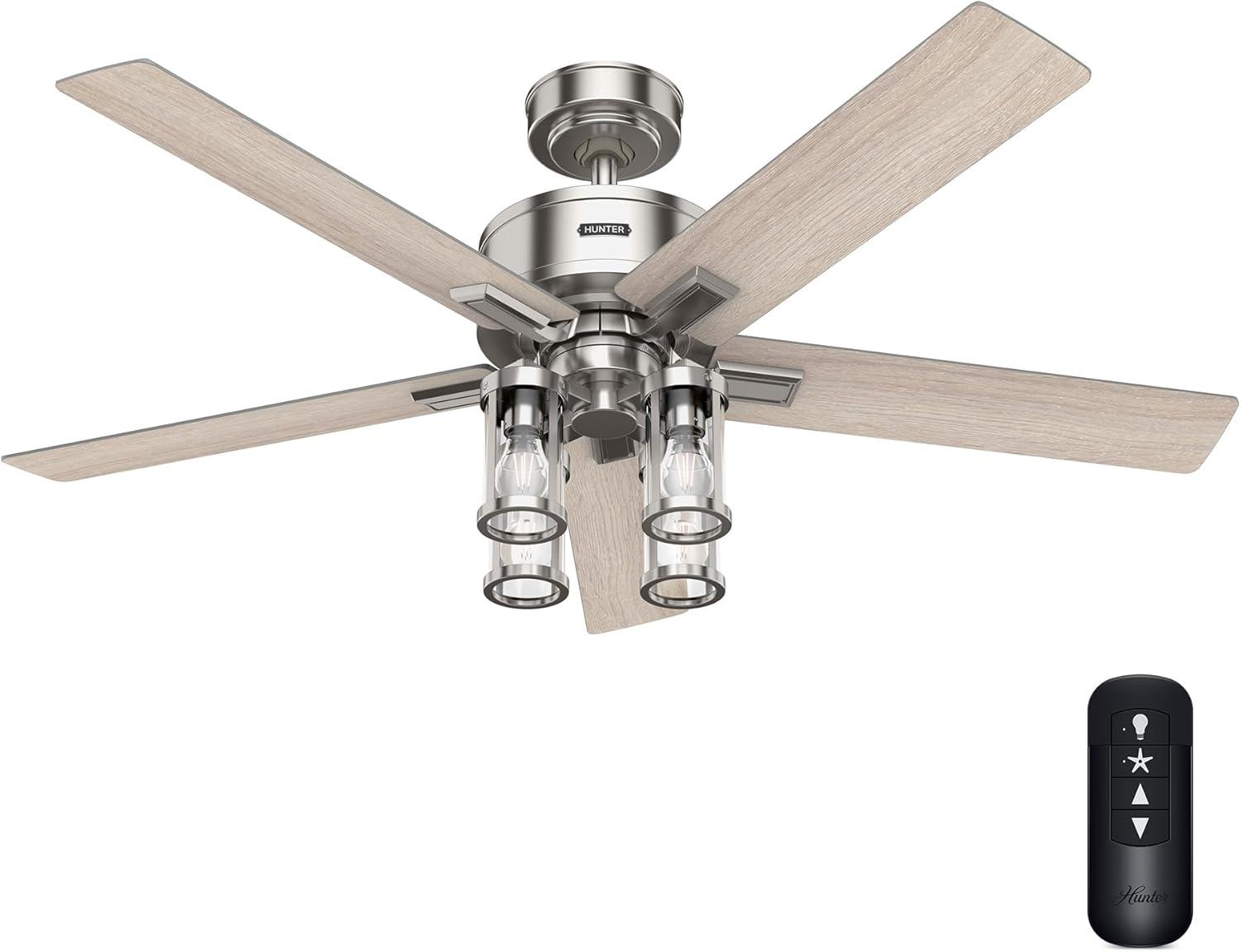 Hunter - Astwood II  Indoor Ceiling Fan With Light, Remote, 52-inch, Brushed Nickel, Casual-style, 4-speed WhisperWind Motor, 52993, for living rooms, bedrooms, home offices, kitchens