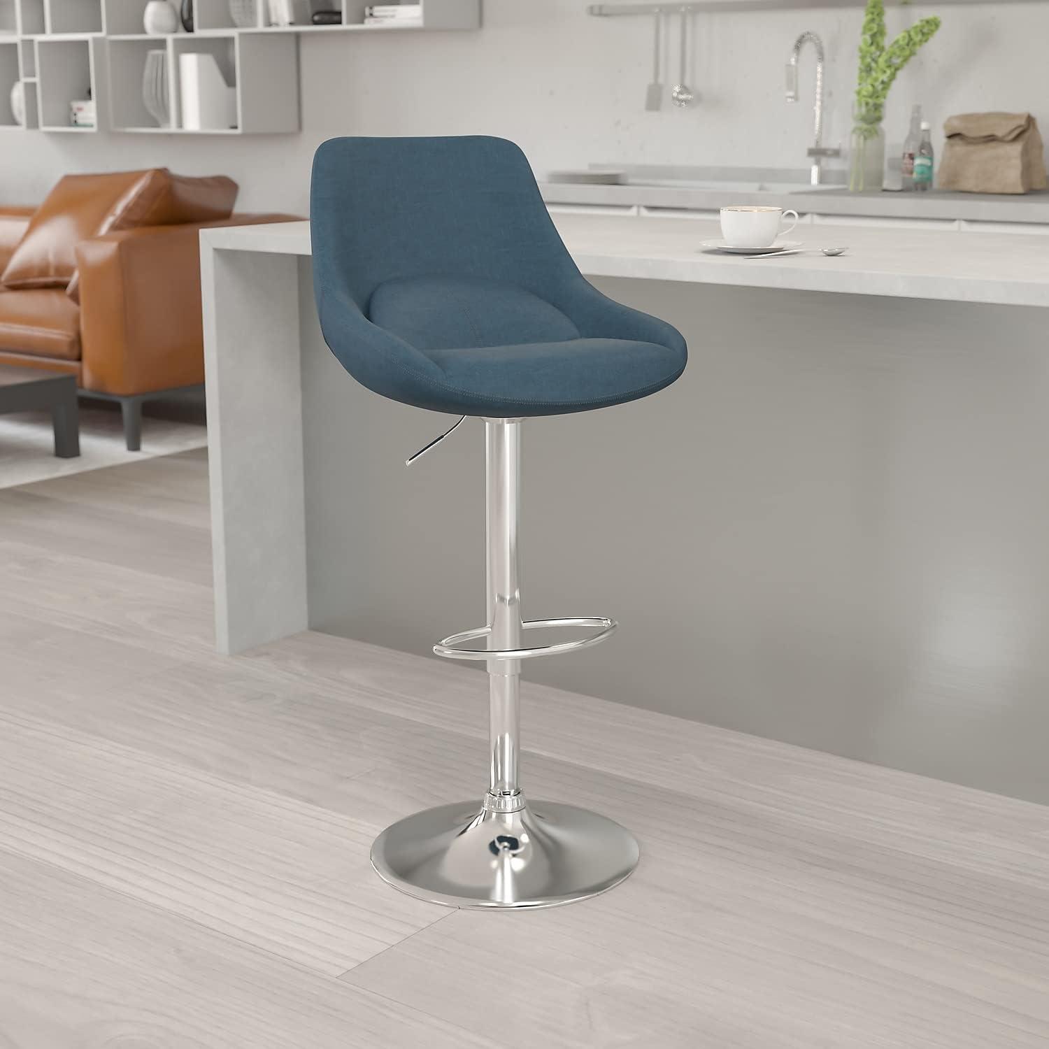 Contemporary Blue Fabric and Chrome Adjustable Swivel Barstool