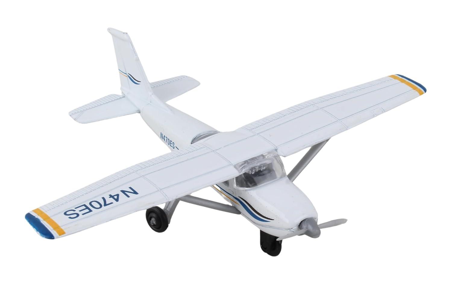 Cessna 172 Aircraft White with Blue and Yellow Stripes "N470ES" with Runway Section Diecast Model Airplane by Runway24