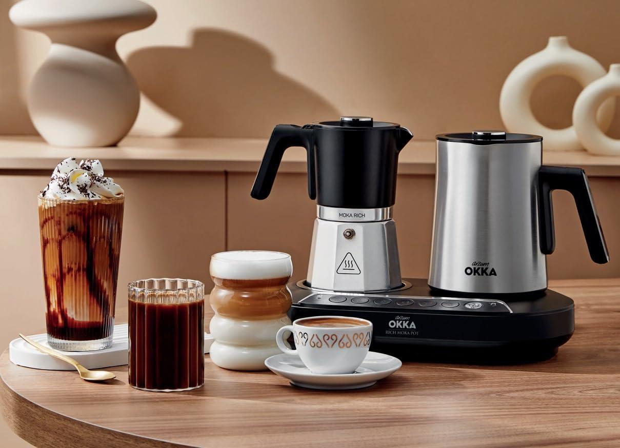 Arzum Okka Rich Moka Pot Turkish Coffee And Moka Maker, Velvetiser, Milk Frother, 5 Cups, Stainless Steel Cooking Pot, Chrome