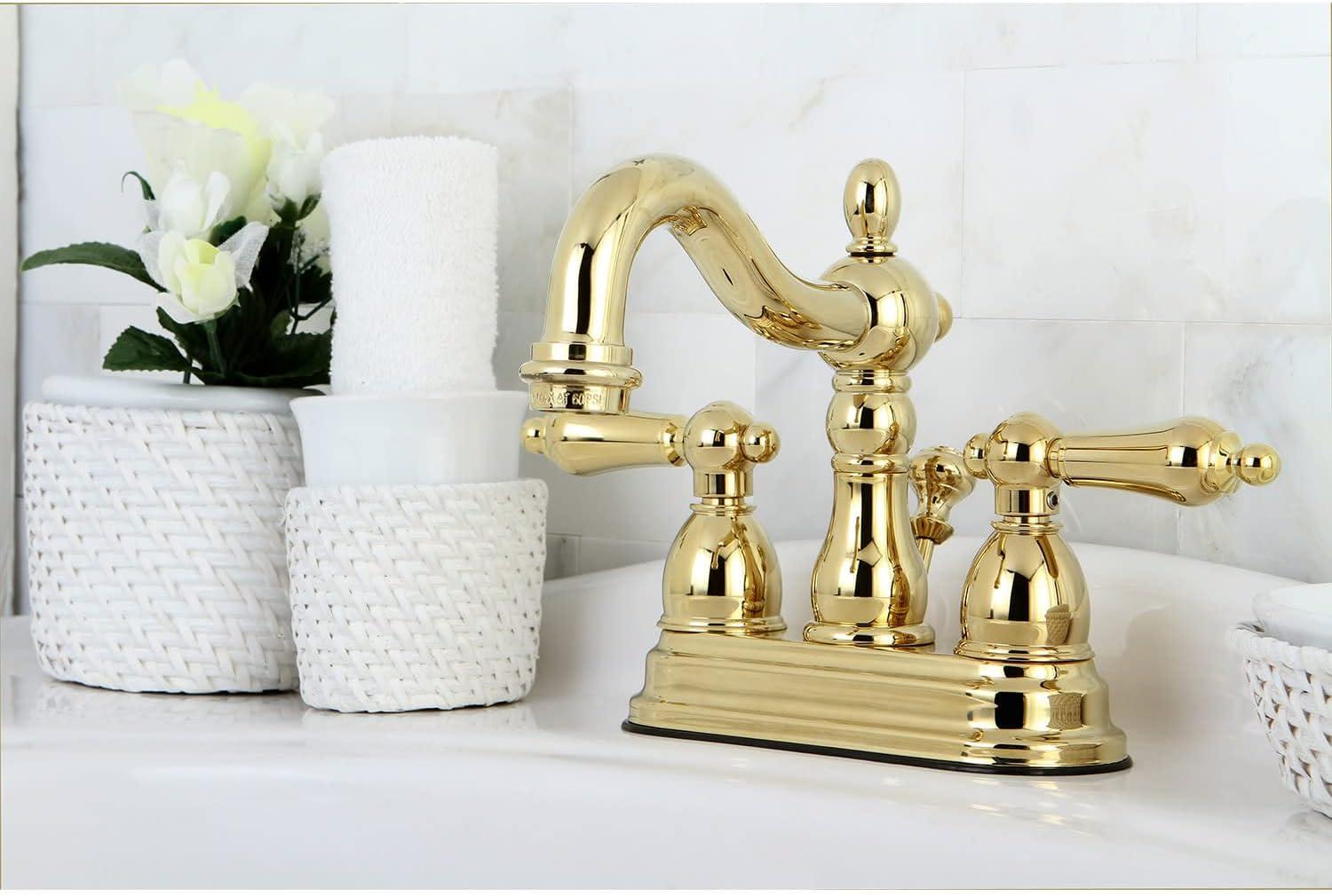 Kingston Brass Heritage Two-Handle 3-Hole Deck Mount 4" Centerset Bathroom Faucet with Brass Pop-Up