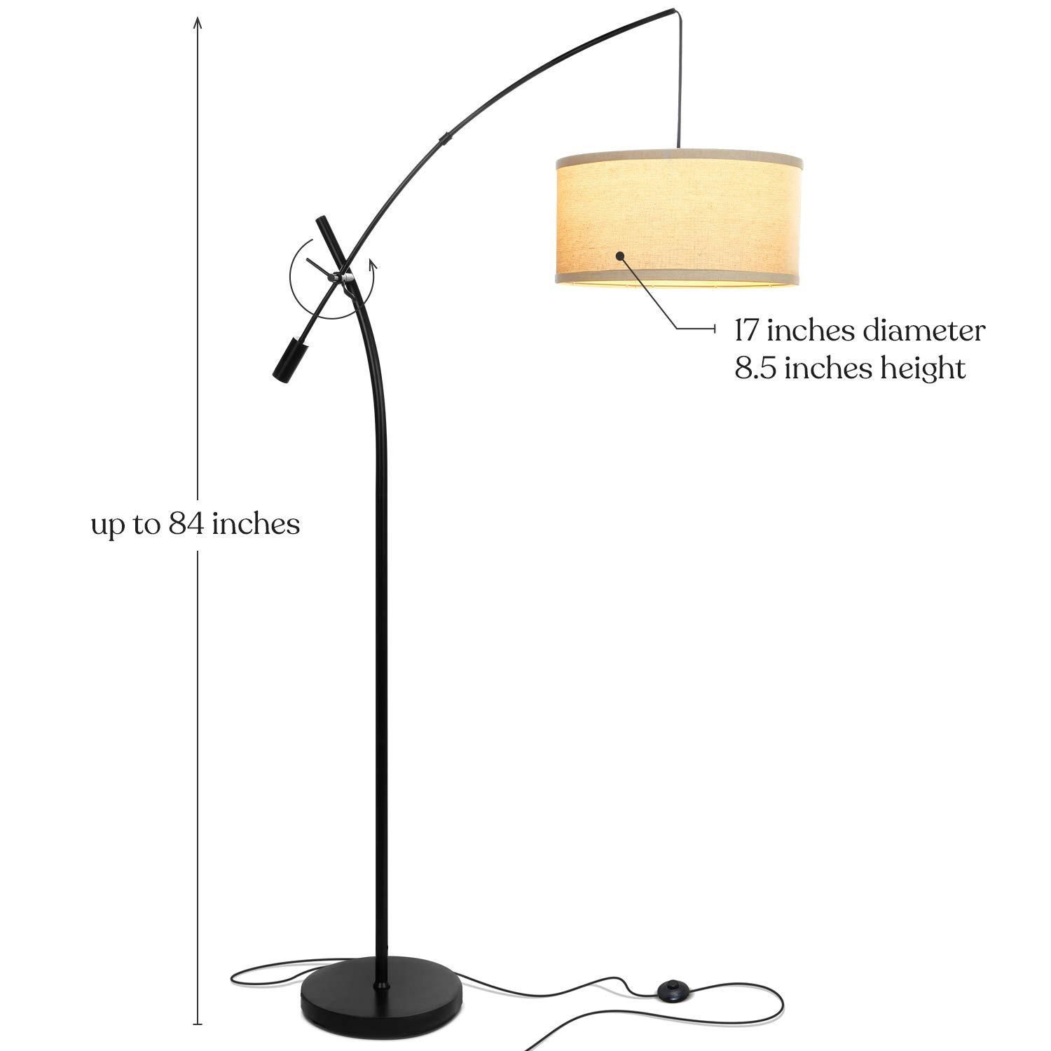 Brightech Grayson 84" Mid-Century Modern Height-Adjustable LED Arc Floor Lamp with Black Finish and Beige Cotton Fabric Drum Shade, Bulb Included