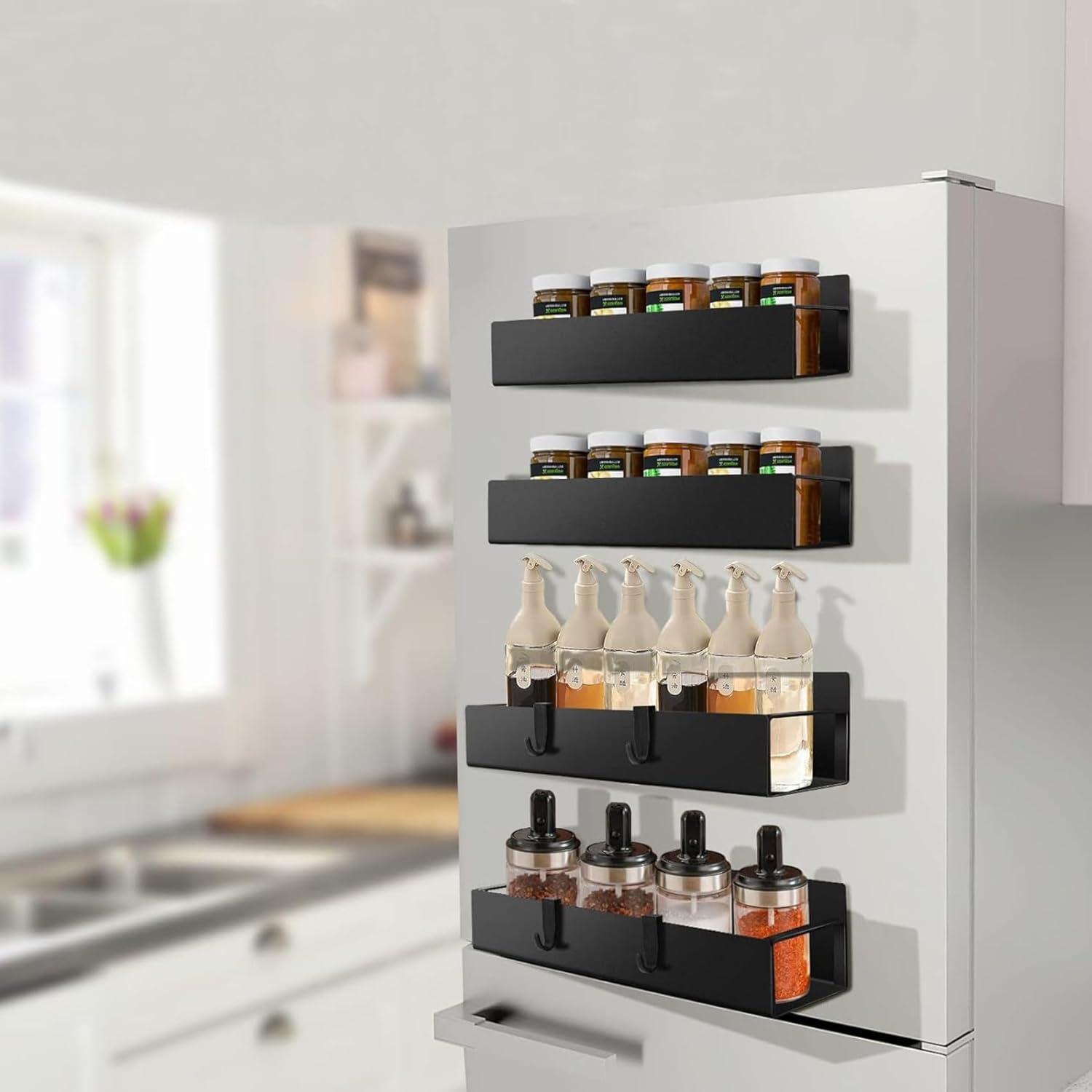 Textiles Hub 4 Pack Magnetic Spice Rack For Refrigerator, Moveable Magnetic Spice Organizer, Black Metal Strong Magnetic Shelf For Fridge And Microwave Oven, Space Saving For Kitchen