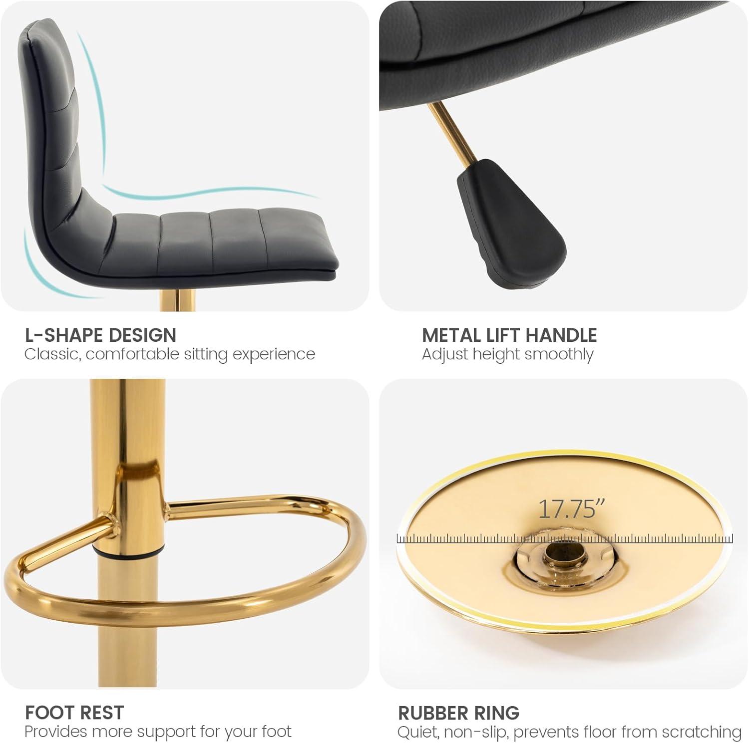 Flash Furniture Modern Black Vinyl Adjustable Bar Stool with Back, Counter Height Swivel Stool with Gold Pedestal Base, Set of 2