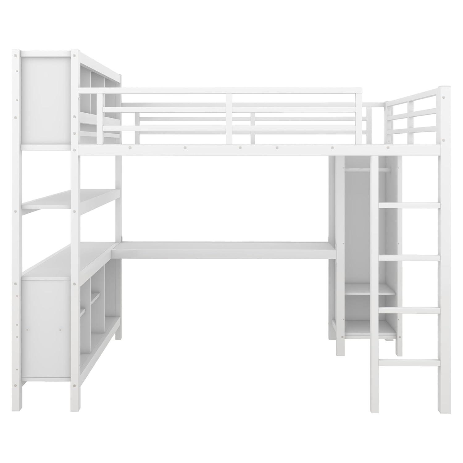 Full Size Metal Loft Bed with Wardrobe and L-Shaped Desk, Heavy-Duty Loft Bed with Storage Cubes and Shelves, White - ModernLuxe