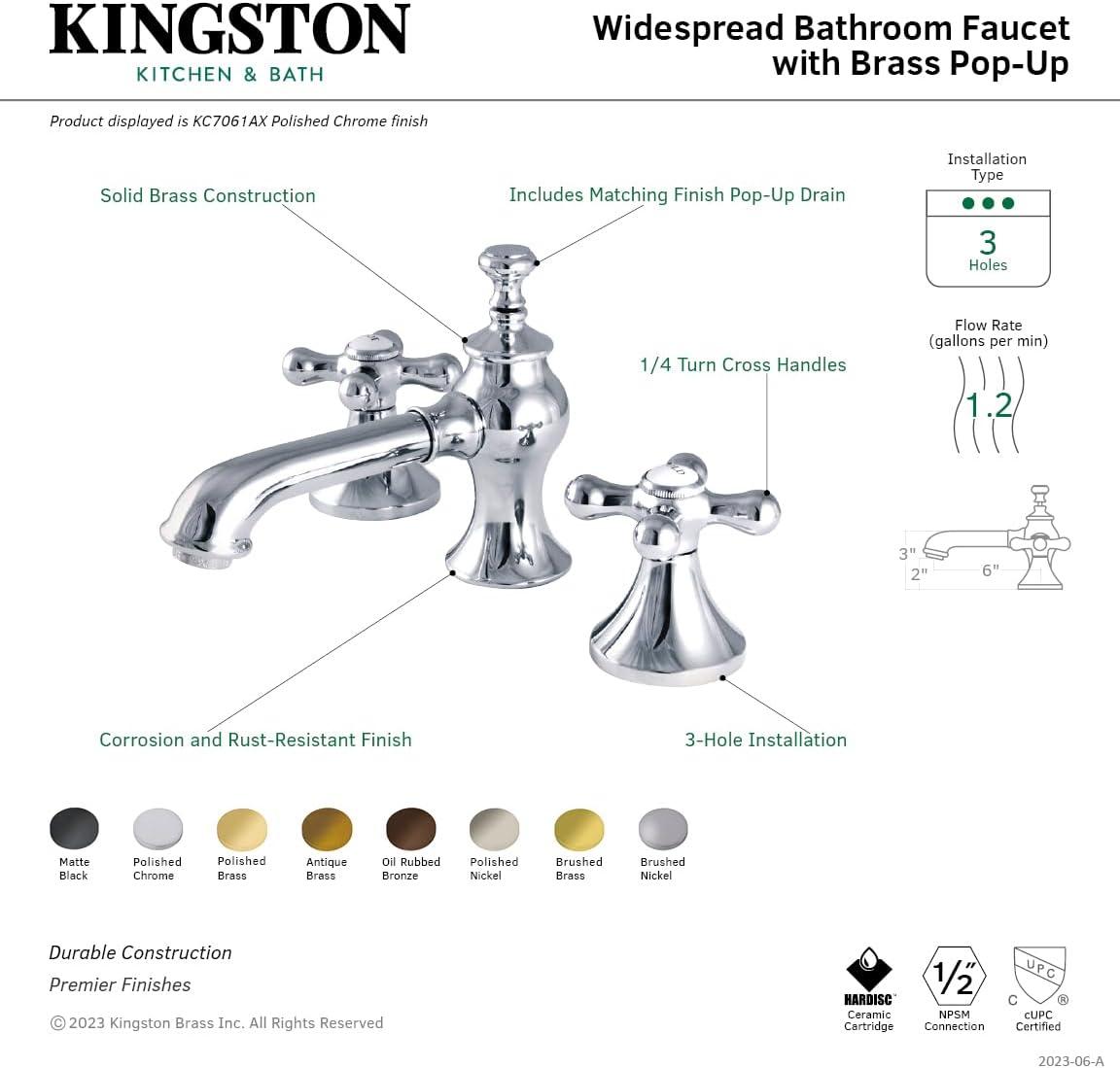 Kingston Brass Vintage Two-Handle 3-Hole Deck Mount Widespread Bathroom Faucet with Brass Pop-Up Drain