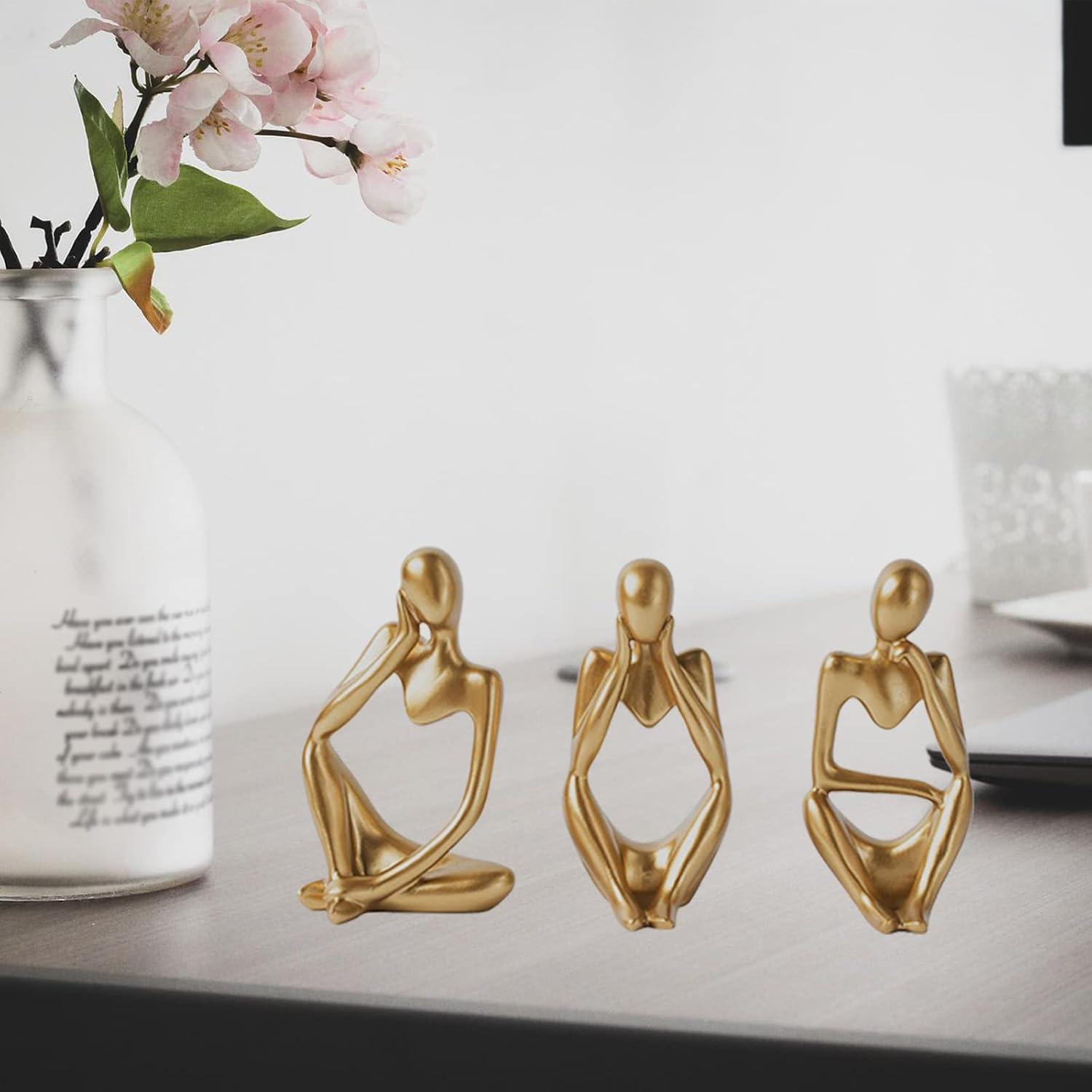 3pcs Modern Abstract Statues Sculpture,Resin Artistic Thinker Figure Thinking Man Figurines Desktop Decorations Artist Crafts for Home Office Shelf Bookshelf Decor,Gold