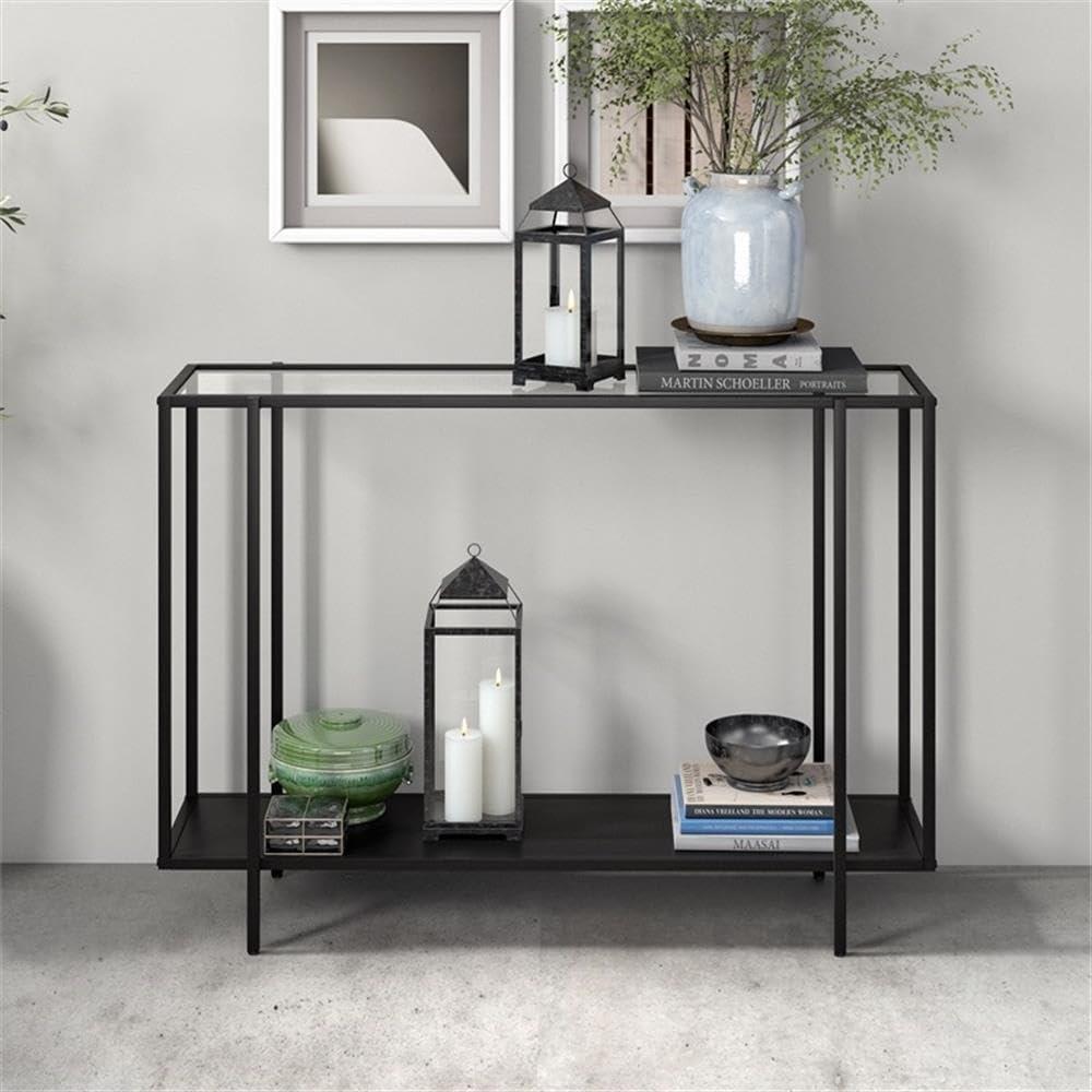 Evelyn&Zoe Vireo 42" Wide Rectangular Console Table with Metal Shelf, Blackened Bronze