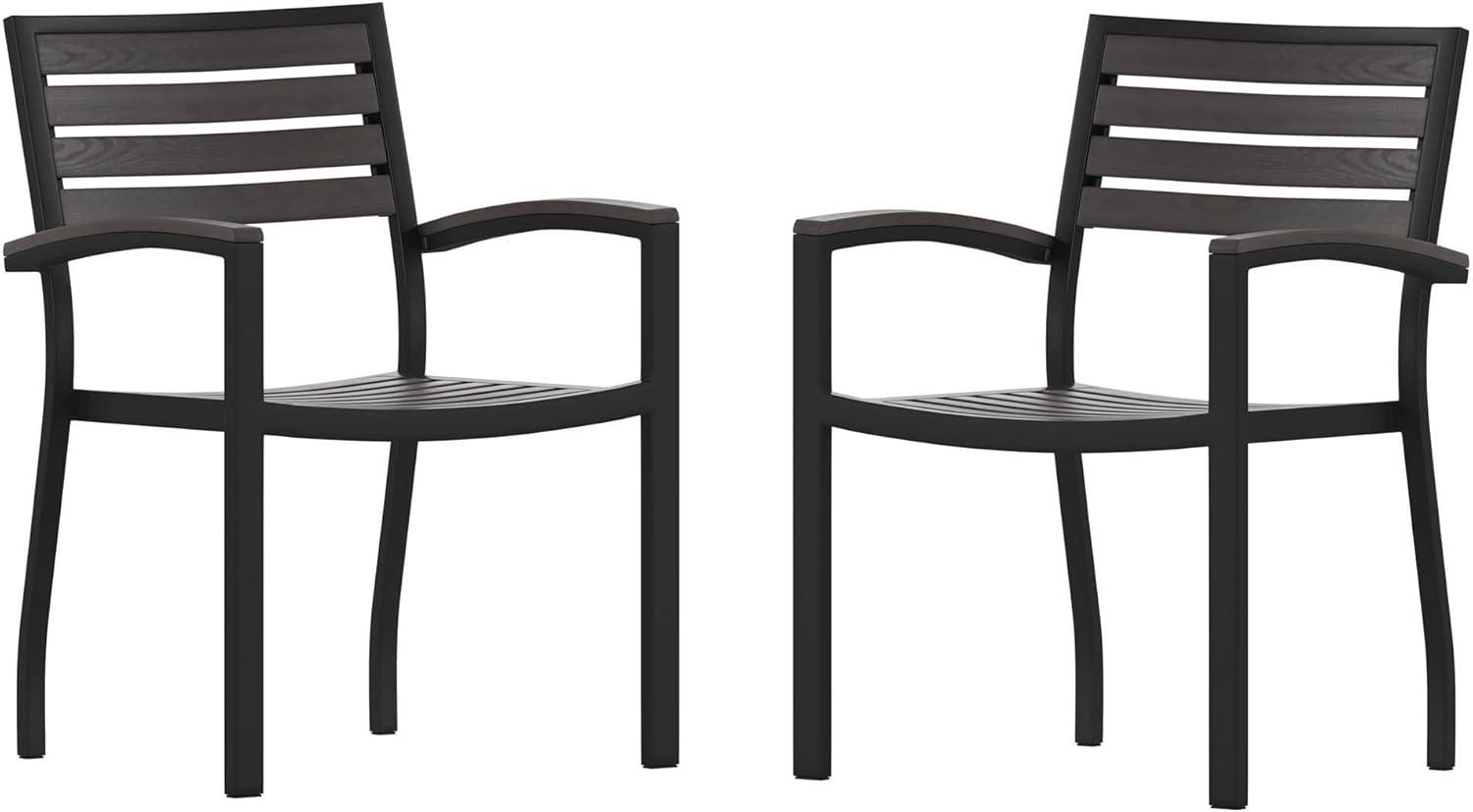 Flash Furniture 2 Pack All-Weather Black Aluminum Patio Stack Chairs - Gray Wash Faux Teak Slats