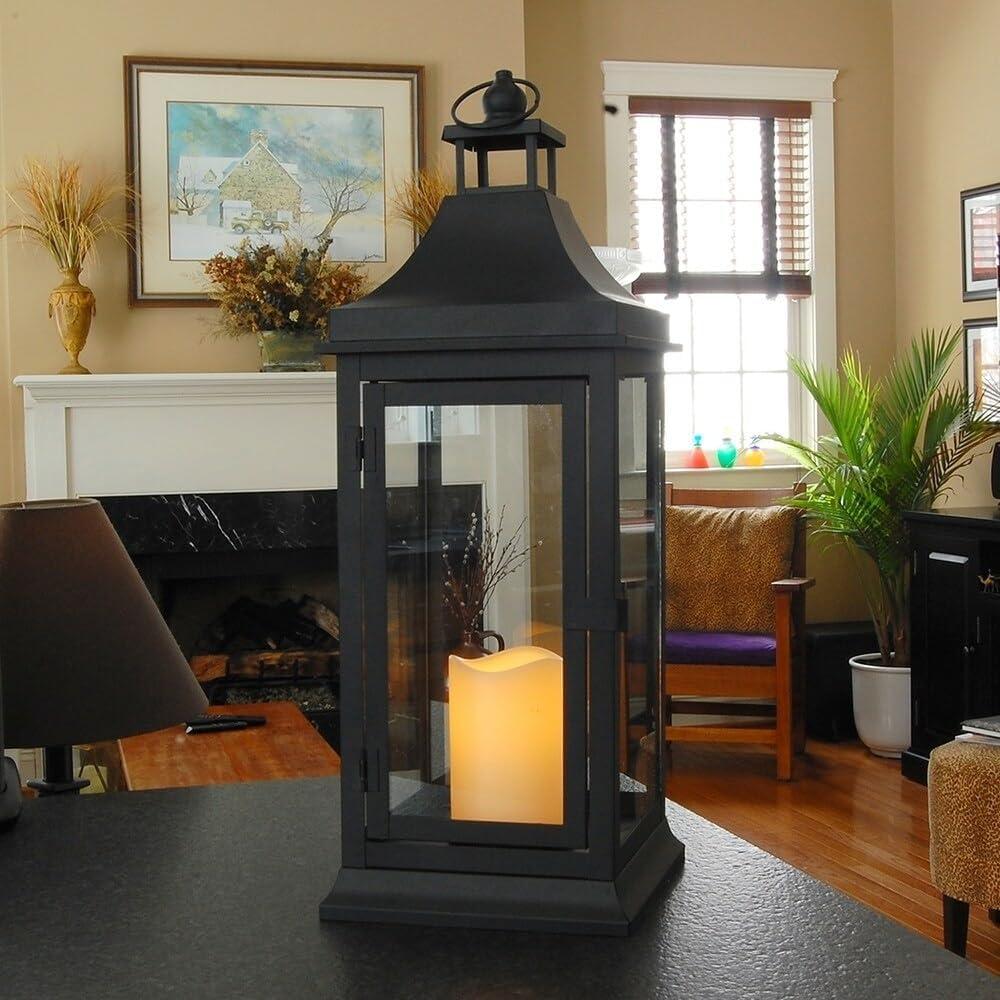 LumaBase Metal Lantern with Battery Operated Candle - Black (Tall)