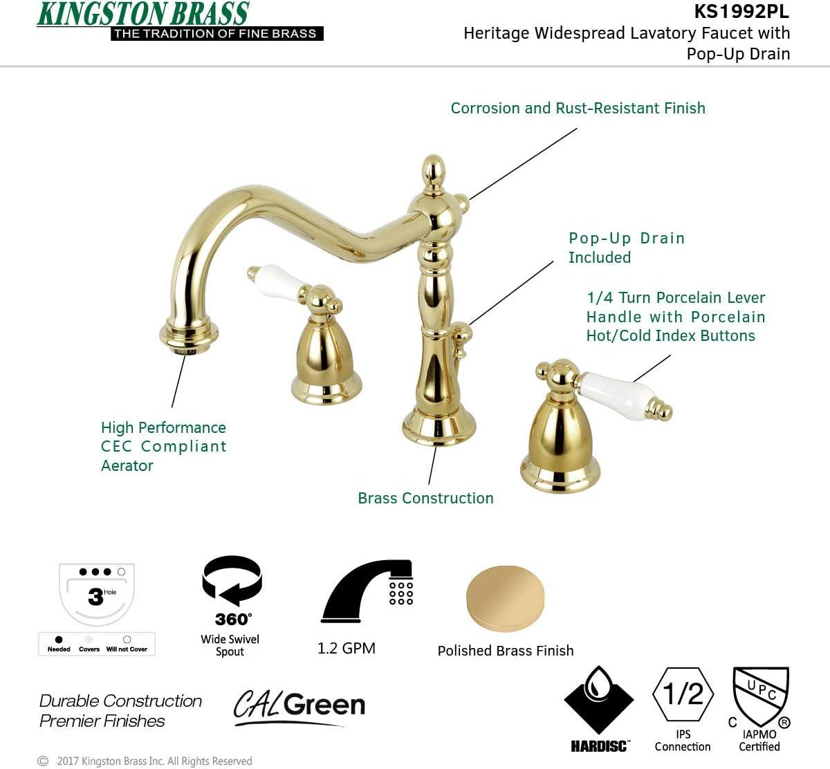 Kingston Brass Heritage Two-Handle 3-Hole Deck Mount Widespread Bathroom Faucet with Brass Pop-Up Drain