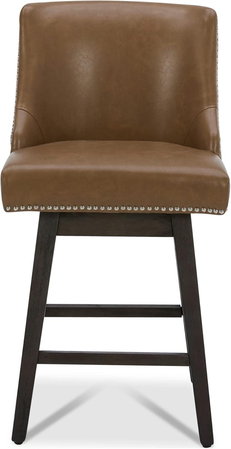 Saddle Brown Faux Leather Swivel Counter Stools with Wood Legs, Set of 2