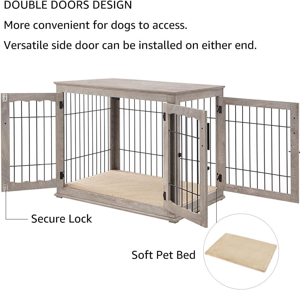 Unipaws Pet Crate End Table, Double Doors Wooden Wire Dog Kennel with Pet Bed, Large Dog Crate