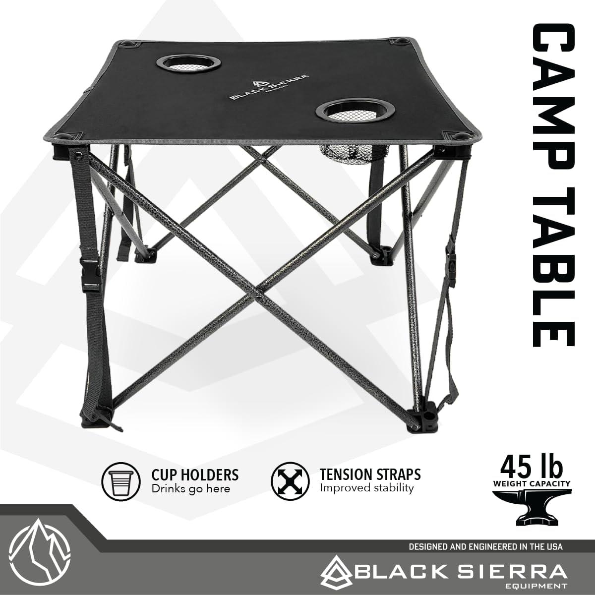 Black Sierra Foldable Camping Table w/ 2 Cup-Holders and Carry Bag, Heavy Duty Frame Supports 45lbs, Perfect for Tailgating, Compact for Storage & Transportation, Portable Outdoor Folding Table