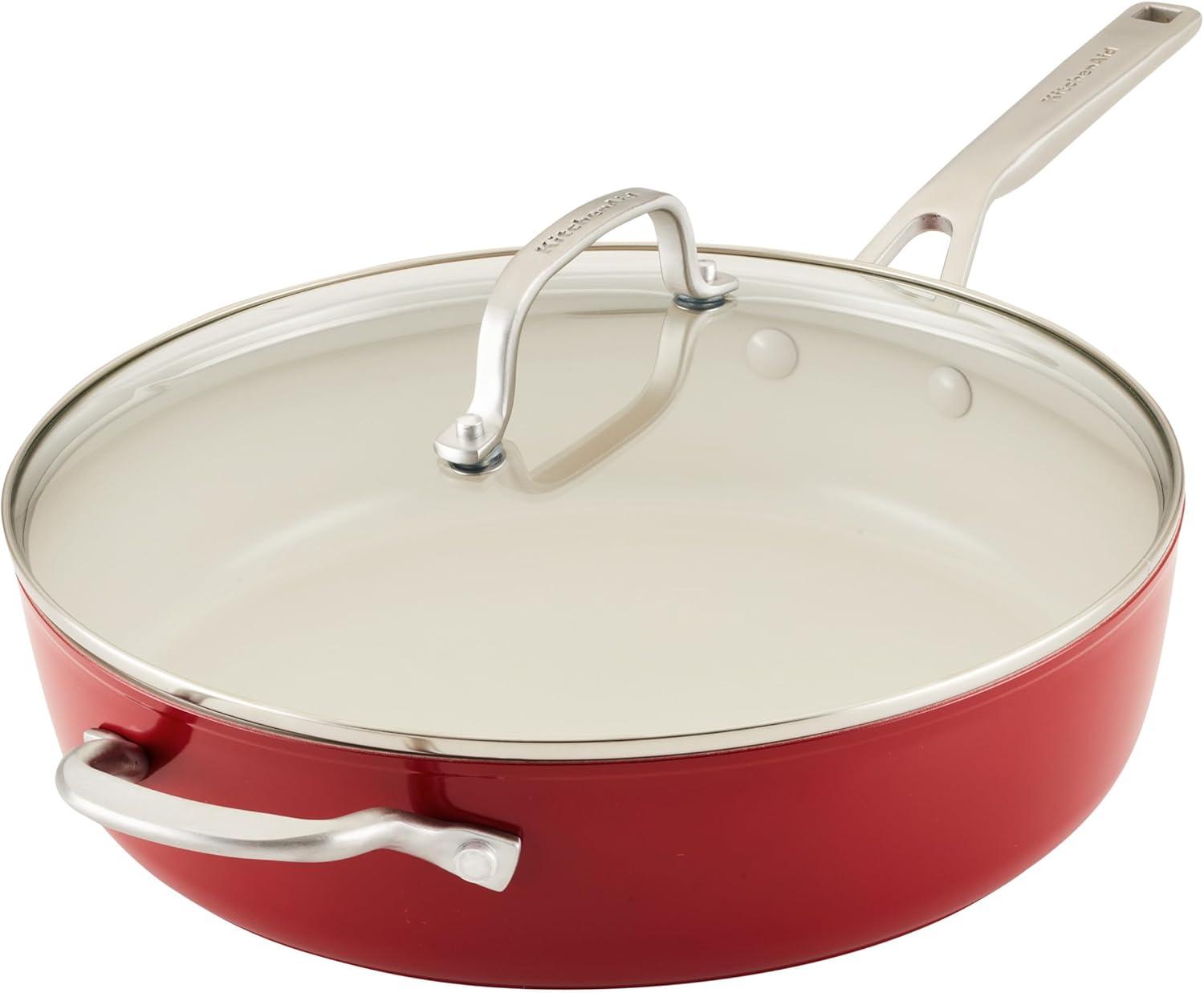 KitchenAid 5qt Hard Anodized Ceramic Nonstick Saute Pan with Lid Empire Red: Hand Wash, Gas & Electric Compatible