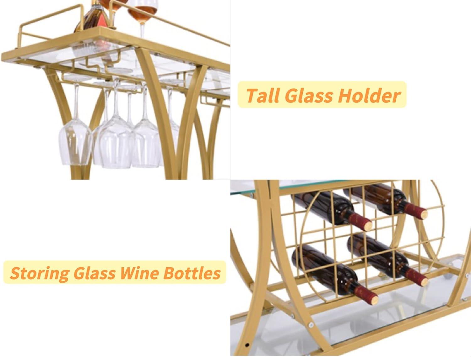 Gold Bar Carts with Glass Holders & Wine Rack,3 Tier,Glass Shelves