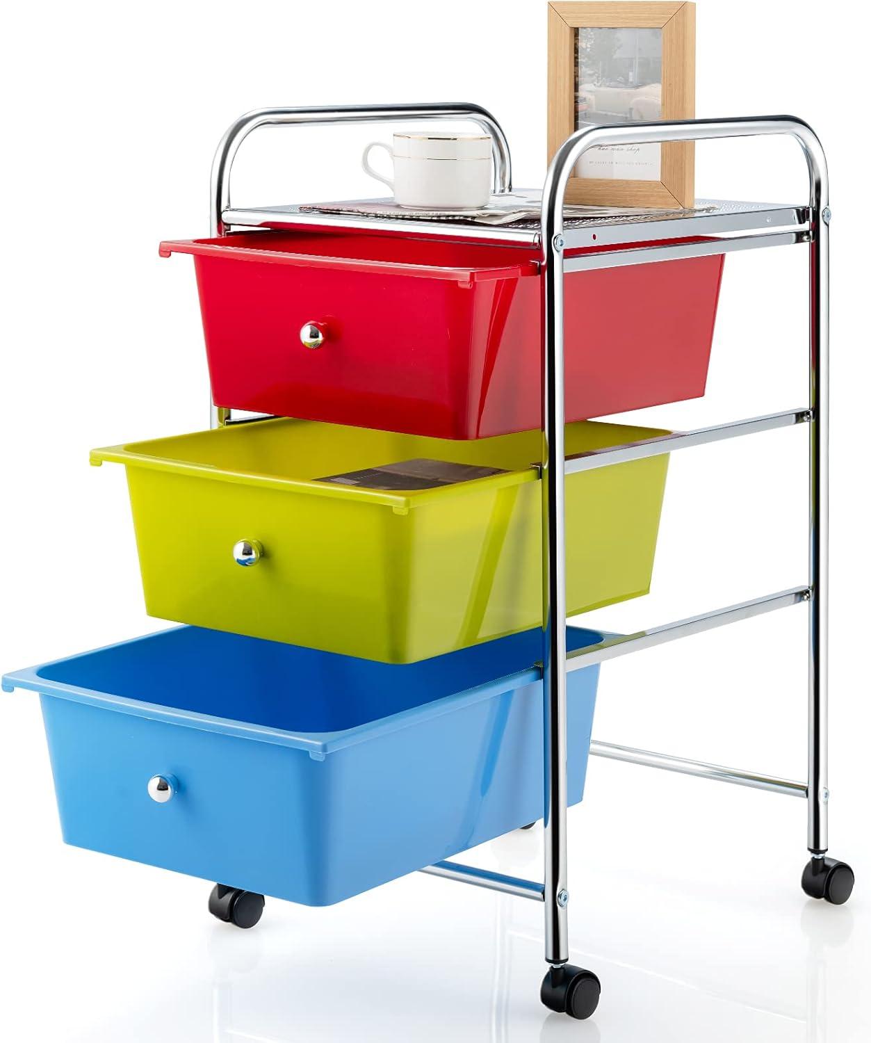 Multicolor 3-Drawer Rolling Storage Cart with Plastic Drawers