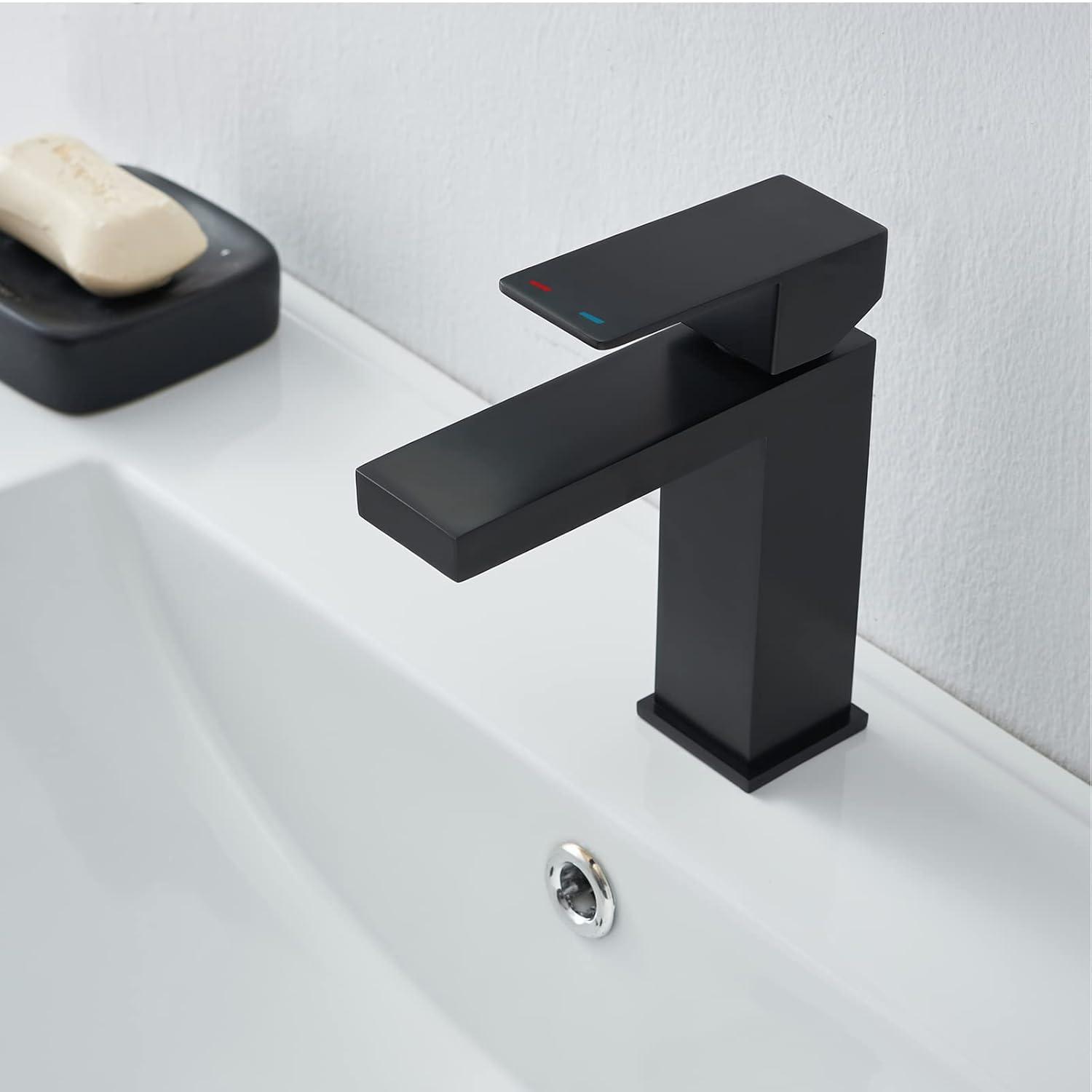 Matte Black Single Handle Bathroom Sink Faucet, Stainless Steel Bathroom Faucet with cUPC Certified Water Supply Hoses, Commercial Vanity Faucet Modern Single Hole RV Bathroom Faucets