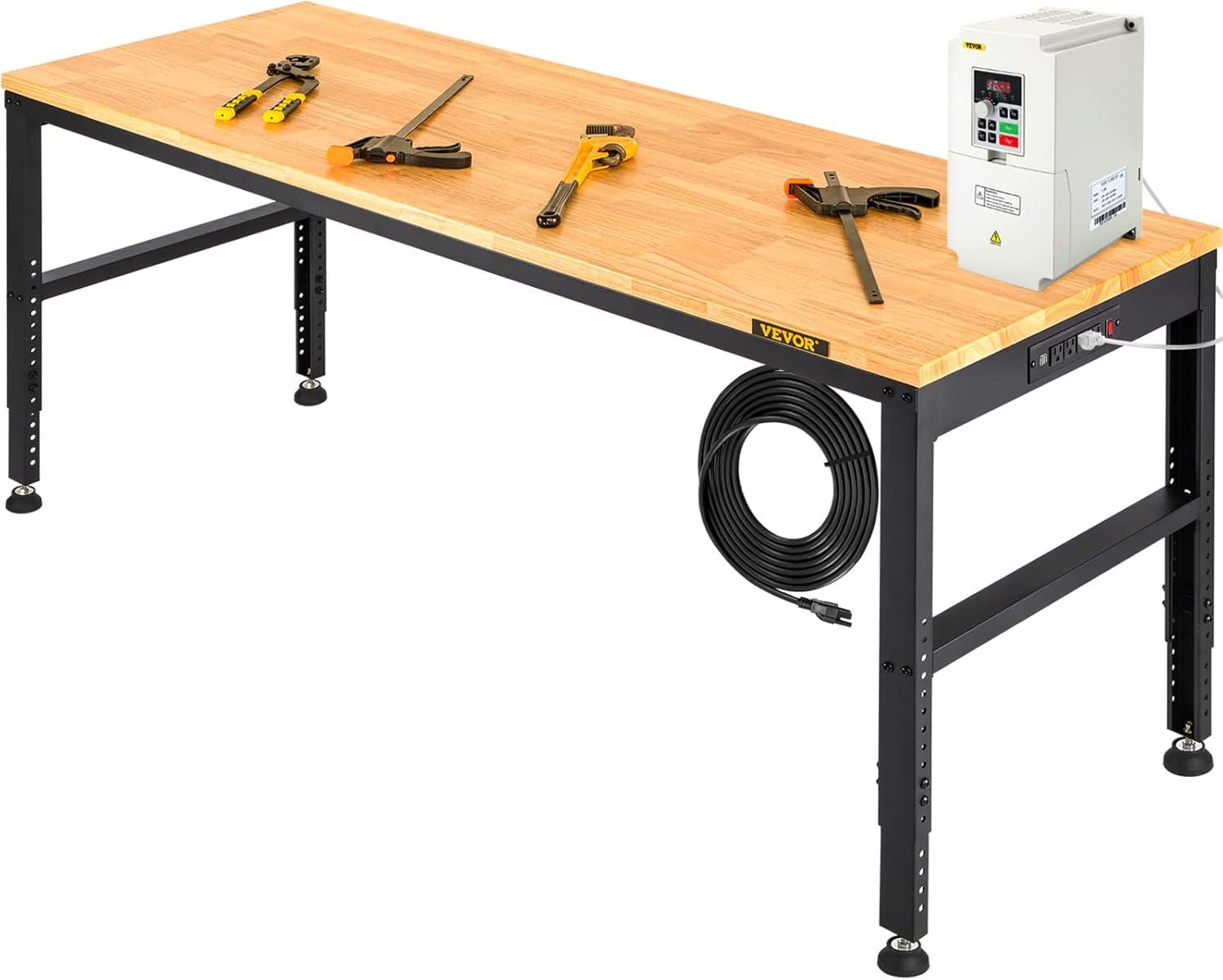 Adjustable Height Black Metal and Oak Workbench with Power Outlets