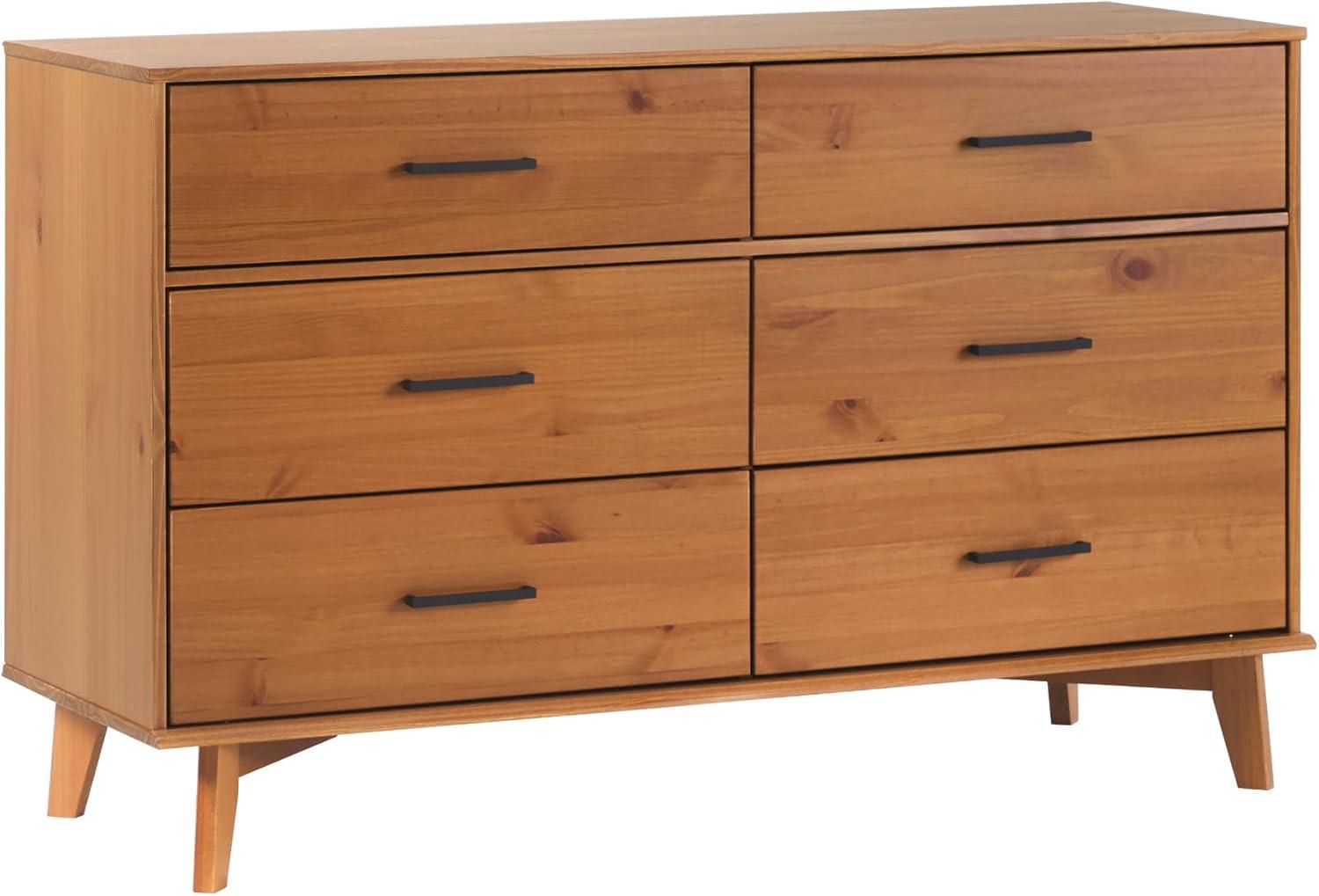 Caramel Solid Pine Wood 6-Drawer Dresser with Metal Handles