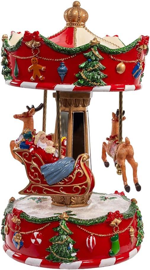 Red Pinewood Musical Wind-Up Christmas Carousel Table Piece