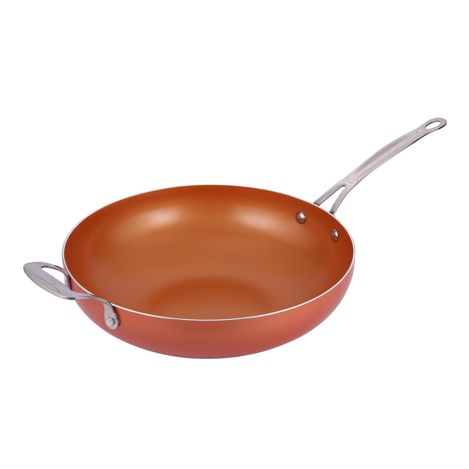 Master Pan Masterpan Chef's Wok & Glass Lid, Copper Color Ceramic Non-Stick Coating, 12"