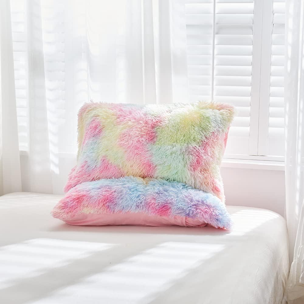 SUCSES Pink Fluffy Full Size Bedding Sets for Girls Faux Fur Plush Shaggy Kids Duvet Cover Set Colorful Rainbow Furry Comforter Cover Set Tie Dye Teen Girl Bed Set (Pink, Full)