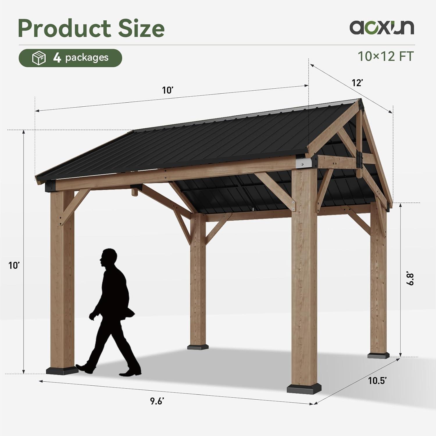 Aoxun 12' x 20' Outdoor Wood Gazebo, Hardtop Gazebo Permanent Wooden Pavilion with Galvanized Steel Gable Roof, for Patio, Garden, Deck, Cedar Wood