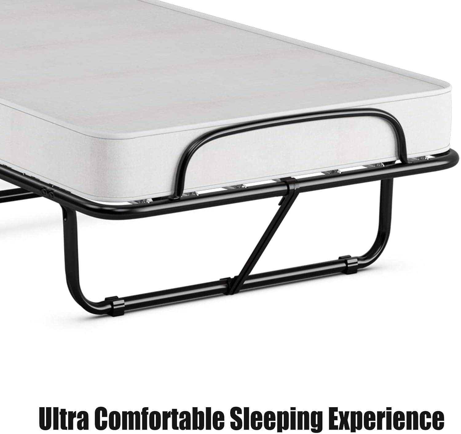 Hysache Rollaway Folding Bed with 4" Memory Foam Mattress, Portable Foldable Guest Bed for Spare Room & Office, 4 Casters, Metal Frame, Portable & Lightweight Compact Rolling Cot, 75" x 31"