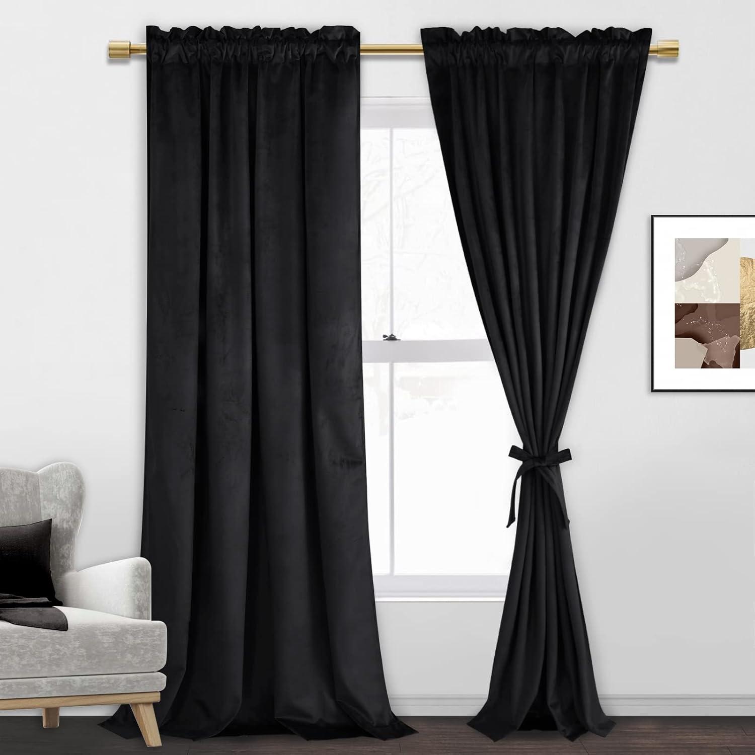 JIUZHEN Black Velvet Curtains for Living Room -96 inches Long Rod Pocket Thermal Insulated Room Darkening Window Drapes for Bedroom, Set of 2 Panels with Tiebacks, 52 x 96 inches