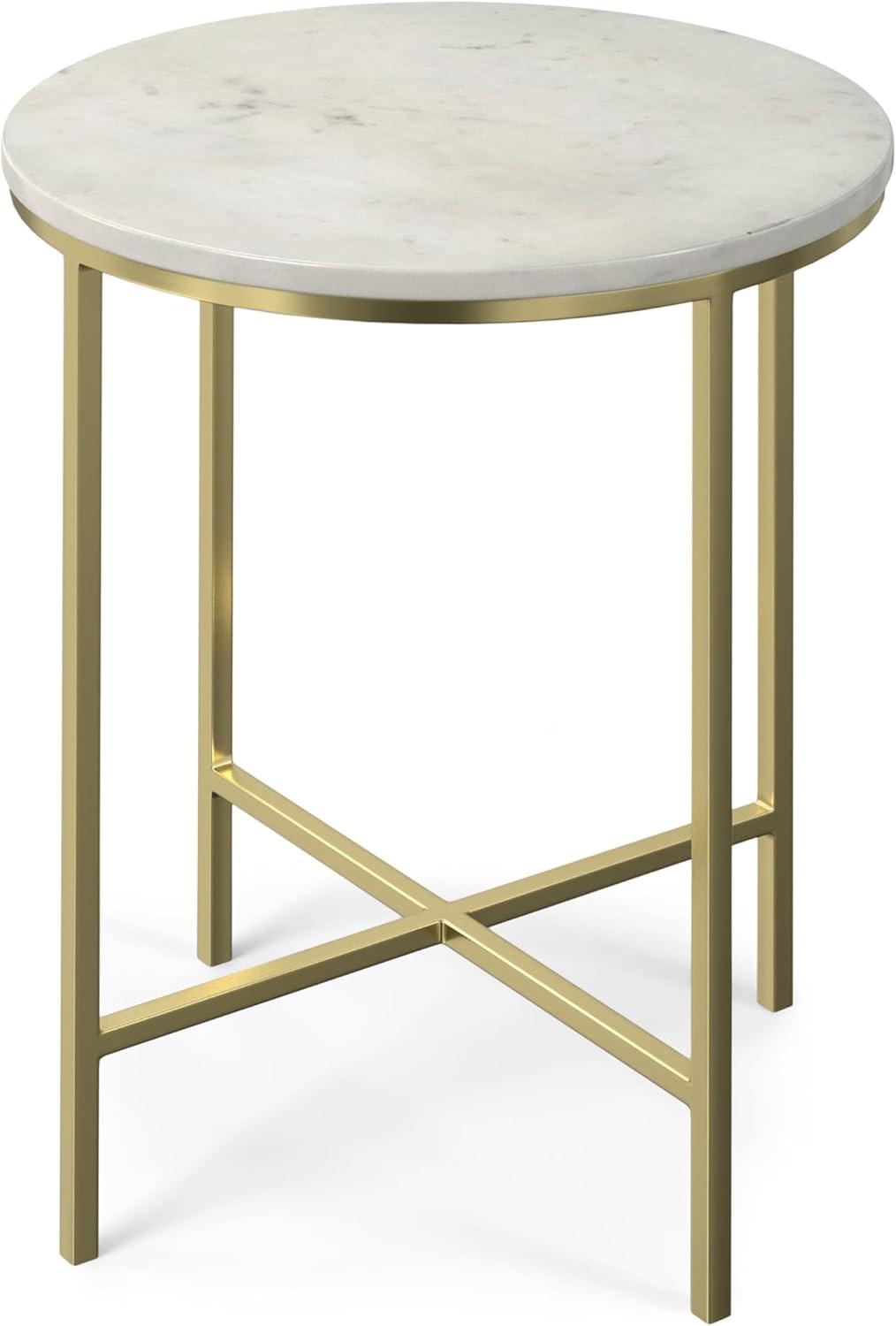 Gold Metal and White Marble Round Side Table, 16 inch