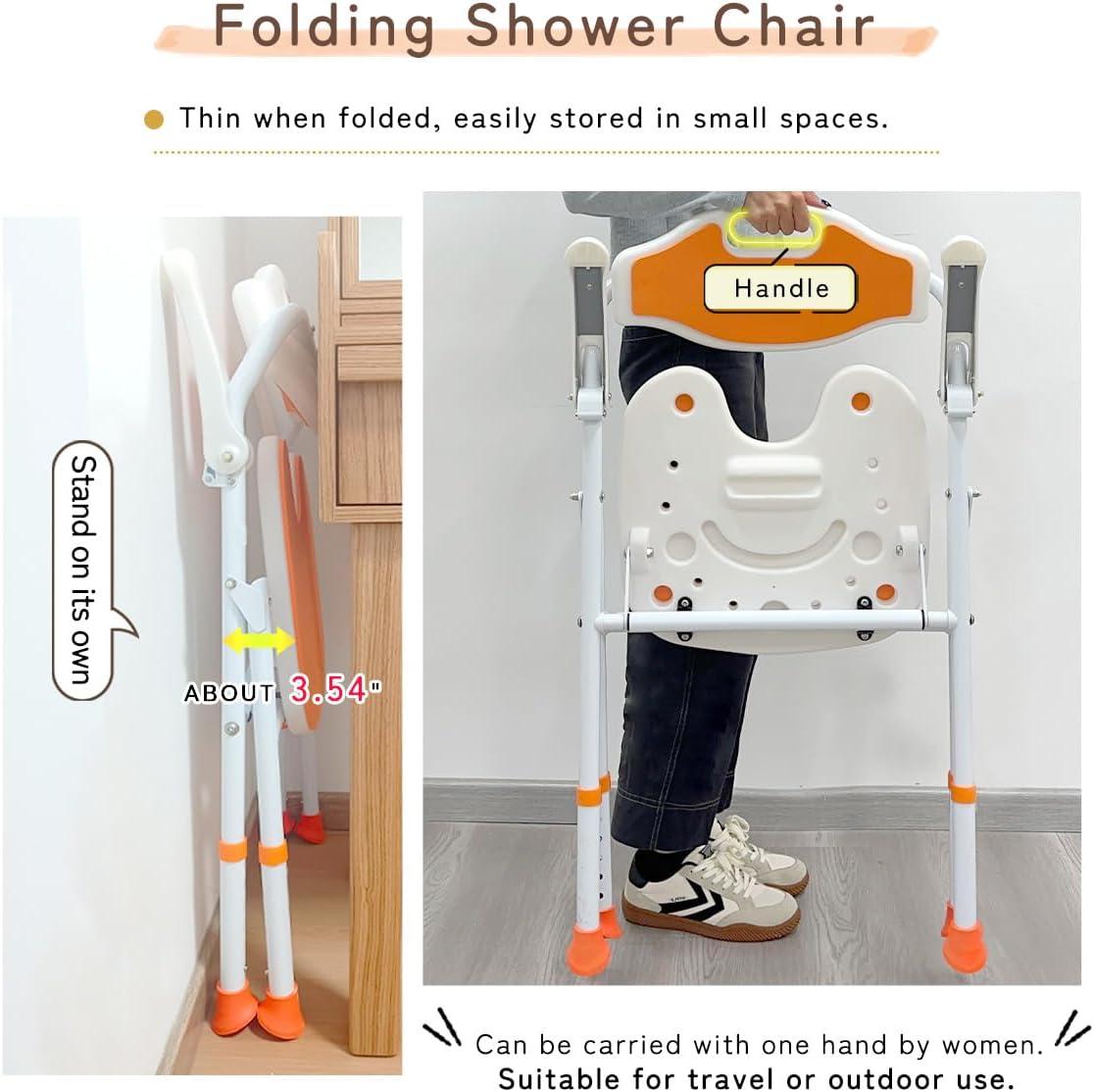 Lumizone Shower Chair 6-Level Adjustable Height with Armrests and Back Heavy Duty Foldable Bathtub Chair for Slip Resistant Thick Pipe U-Shaped Seat with Drain Holes Backrest and Waterproof Cushion