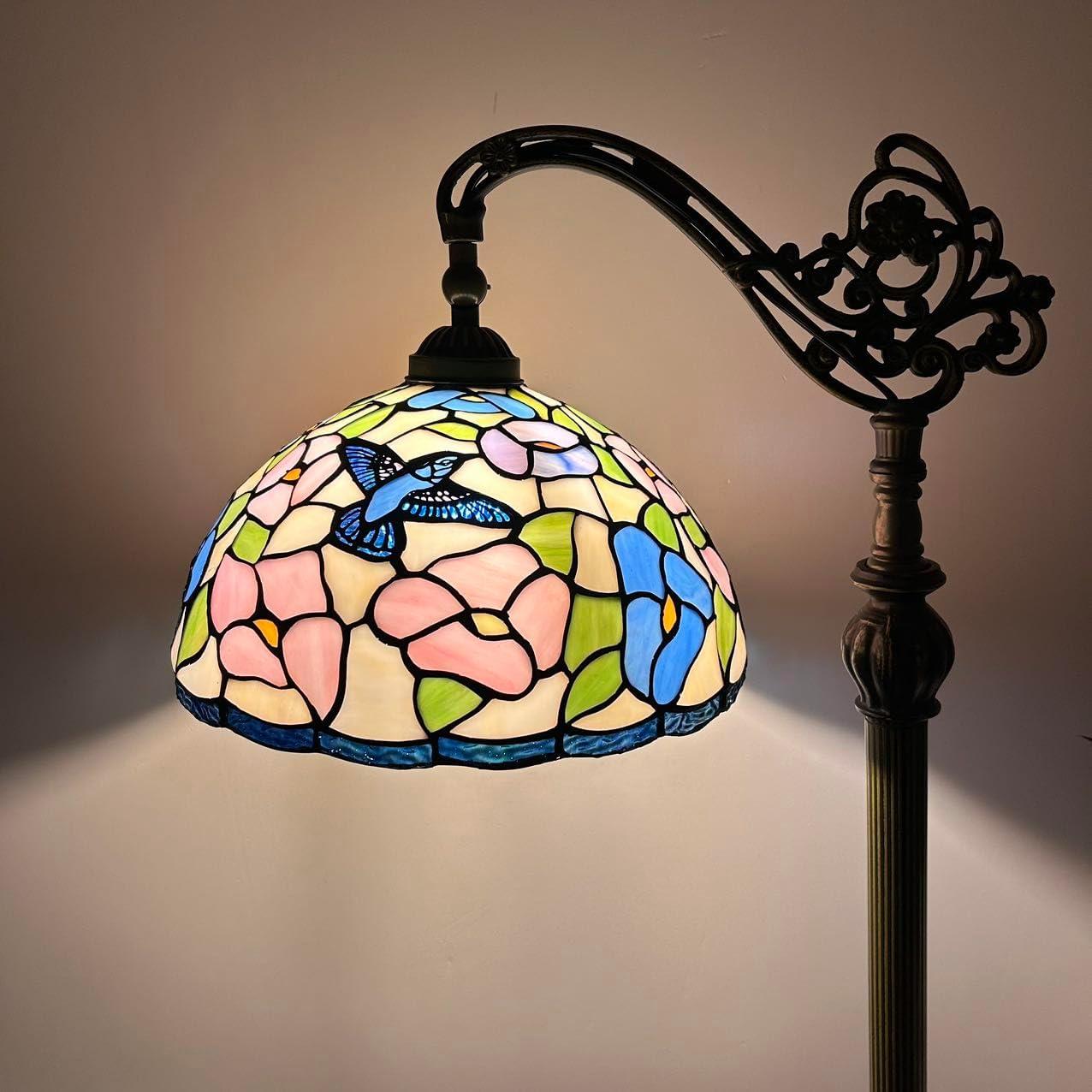 Tiffany Floor lamps Pink blue stained glass Hummingbird Flowers LED Bulb Included Gooseneck Adjustable Corner Standing Reading Light for Living Room Bedroom 20"W*12"D*63"H