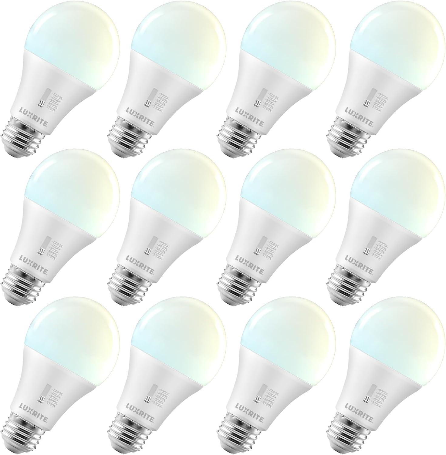 LUXRITE A19 LED Light Bulb 75 Watt Equivalent, CRI90, 5CCT Selectable 2700K 3000K 3500K 4000K 5000K, Dimmable, 1100LM, Standard LED Light Bulbs 11W, E26 Medium Base, ETL - Indoor Outdoor (12 Pack)