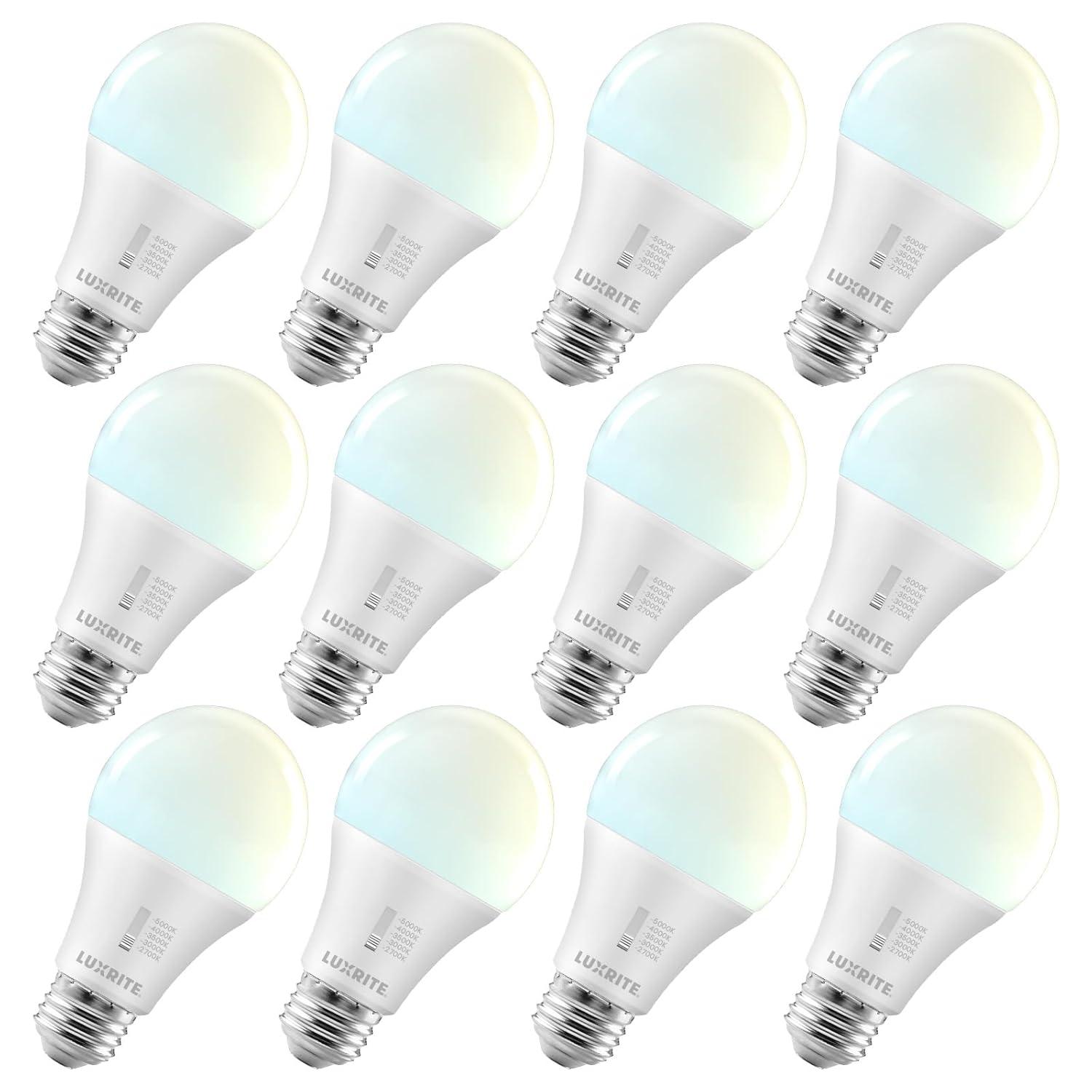 LUXRITE A19 LED Light Bulb 75 Watt Equivalent, CRI90, 5CCT Selectable 2700K 3000K 3500K 4000K 5000K, Dimmable, 1100LM, Standard LED Light Bulbs 11W, E26 Medium Base, ETL - Indoor Outdoor (12 Pack)