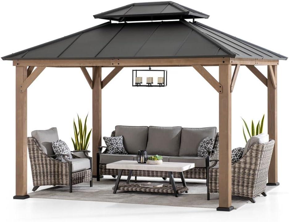 SUNJOY 10 x 12 ft. Wood Gazebo, Outdoor Patio Steel Hardtop Gazebo, Cedar Framed Wooden Gazebo with 2-Tier Metal Roof, Suitable for Patios, Lawn and Backyard, Dark Brown Roof + Dark Wood Frame