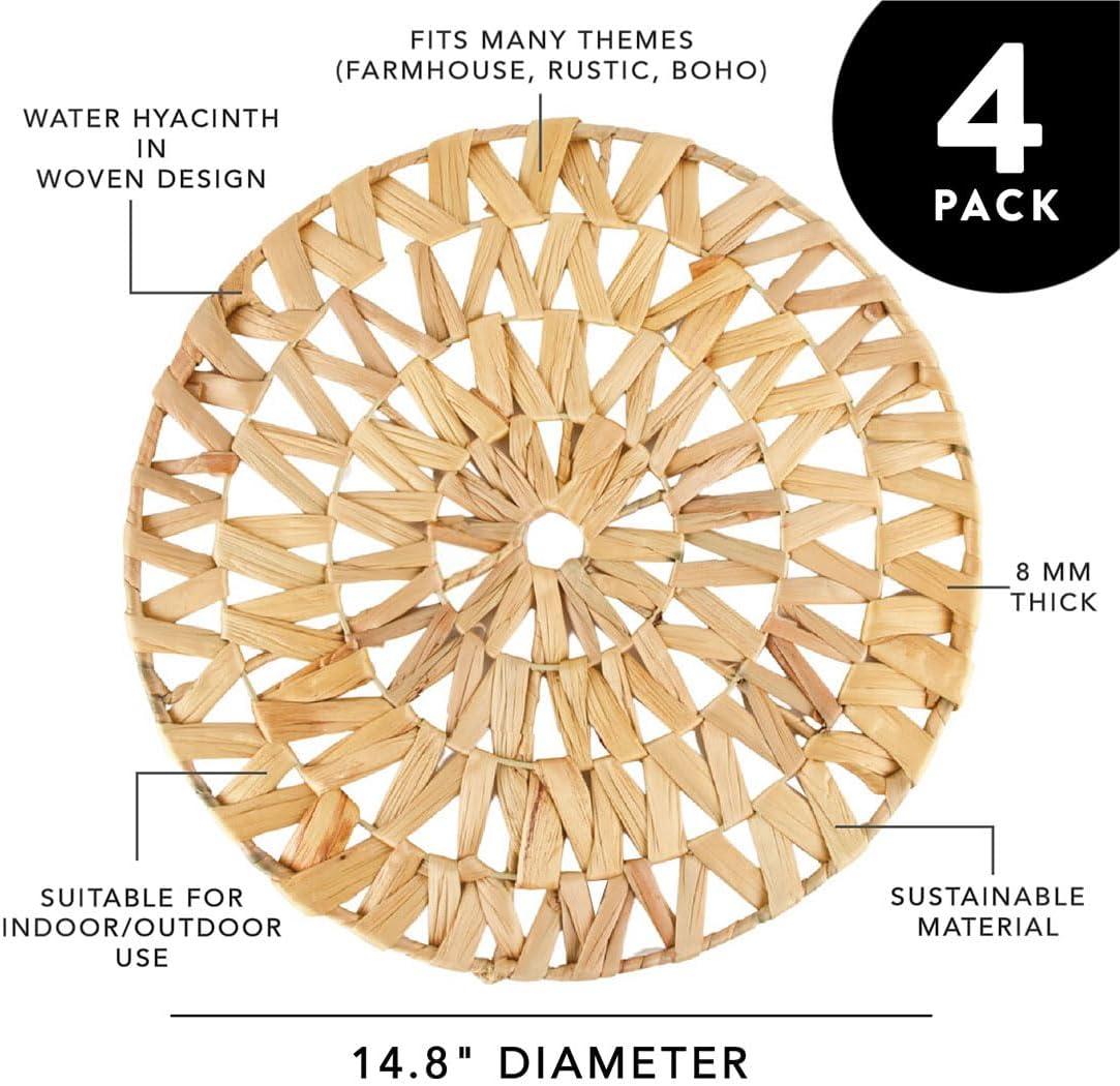 Koyal Wholesale Woven Placemats Set of 12, 14.8" Round Boho Placemats, Water Hyacinth Placemats, Farmhouse Place Mats, Wicker Placemats